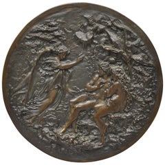 Antique Round Figural Bronze Plaque Medallion Adam and Eve Garden of Eden