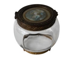 Antica scatola di vetro rotonda con dipinto in miniatura, fine XIX secolo
