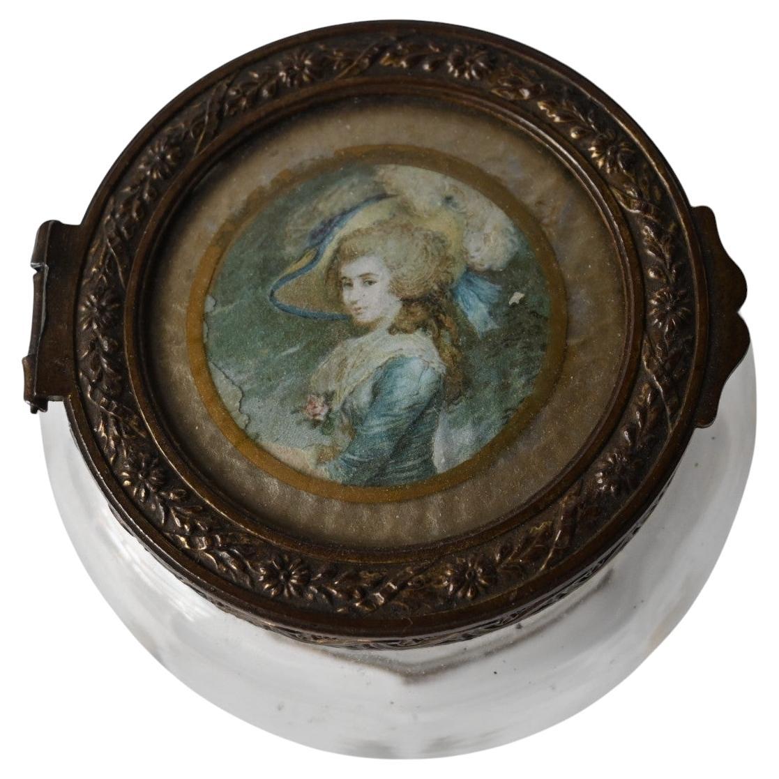 Antique round glass box with miniature painting, late 19th century en vente