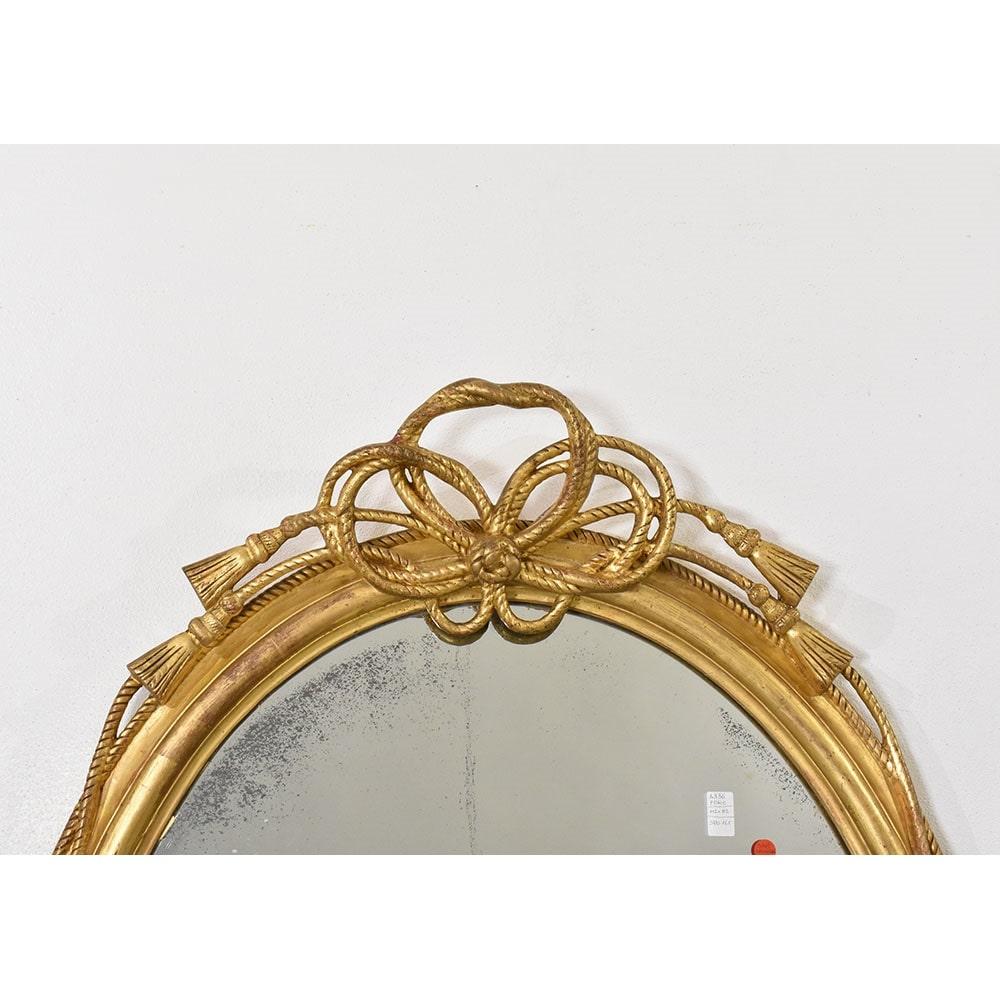 Louis Philippe Antique Round Gold Mirror, Oval Wall Mirror, Love Knot, Gold Leaf Frame, XIX