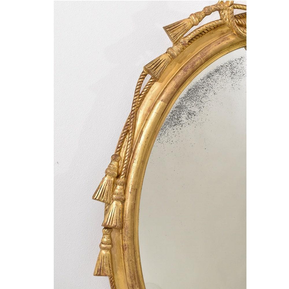Gilt Antique Round Gold Mirror, Oval Wall Mirror, Love Knot, Gold Leaf Frame, XIX