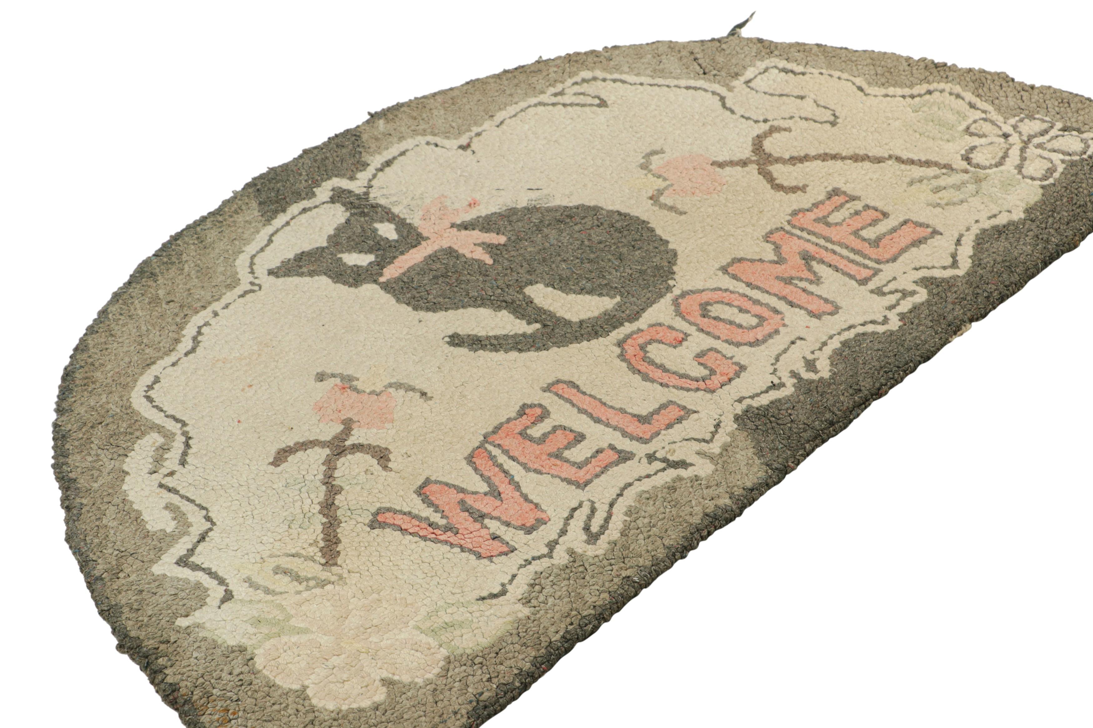 Hand-Knotted Antique Round Hooked Rug in Cream & Gray with Animal Pictorial  Rug & Kilim For Sale