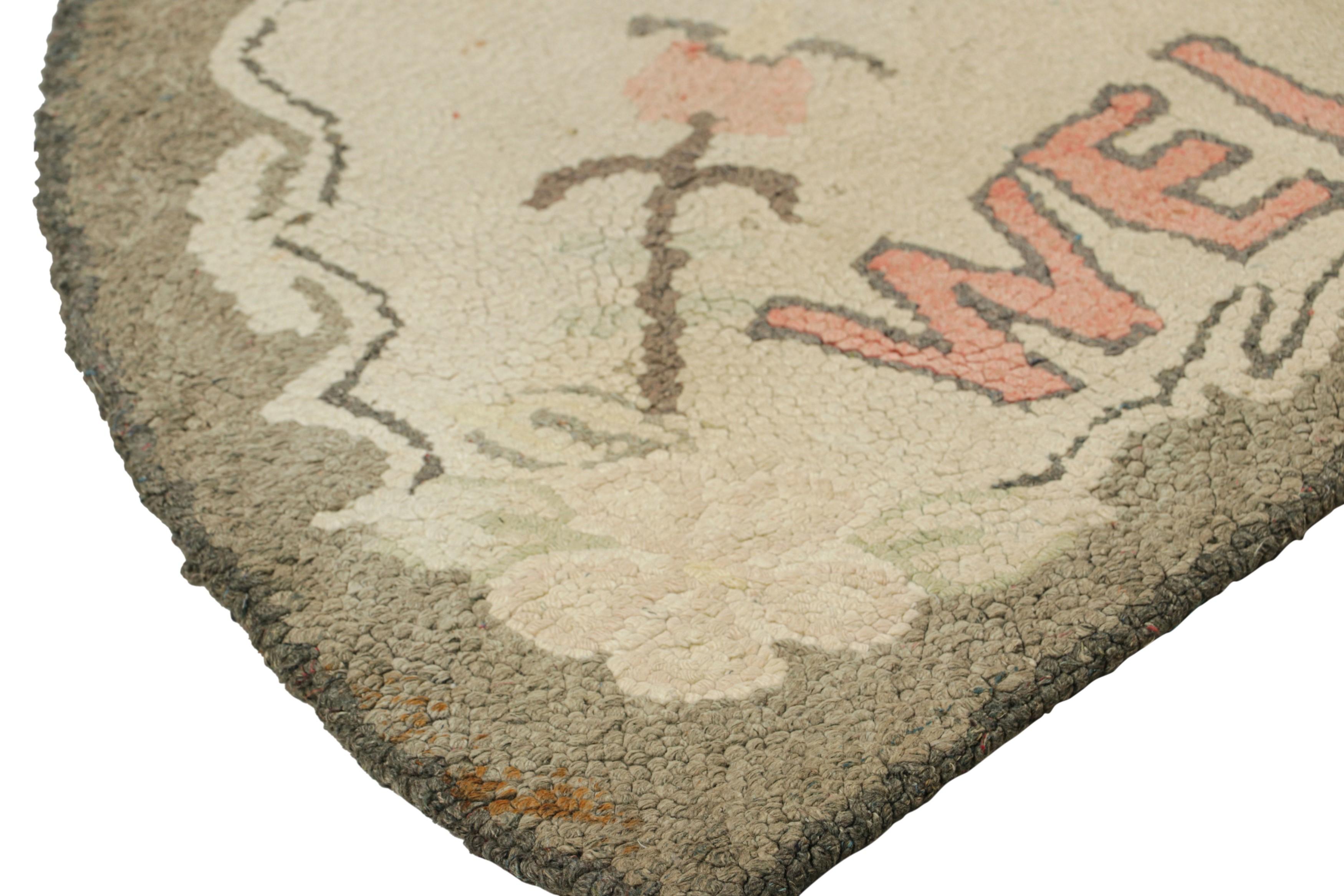 Early 20th Century Antique Round Hooked Rug in Cream & Gray with Animal Pictorial  Rug & Kilim For Sale