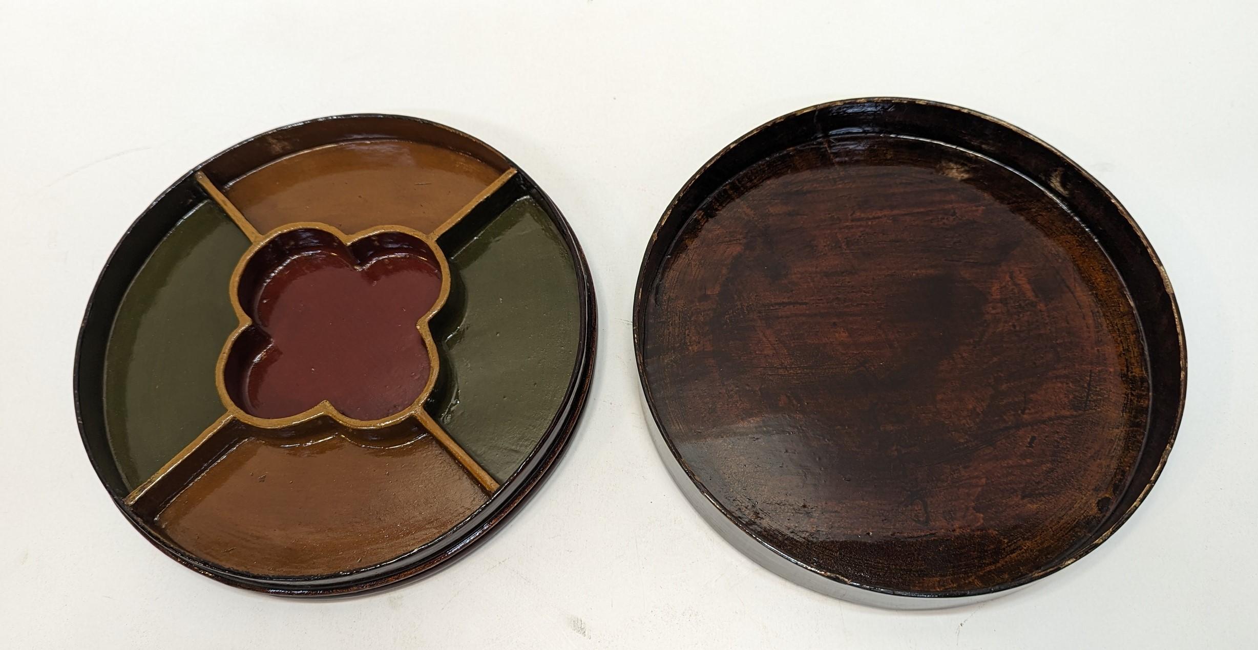 Antique Deco Round Lacquer Box.  Antique Chinese Round Lacquer Box used for special delicate sweets and or holding special jewelry.  Art Deco period in Shanghai, 1920-40.  Constructed wood with gesso and lacquers.  The inside has a clover shaped