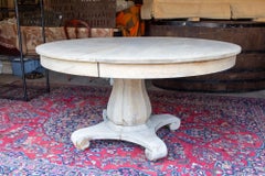 Antique Round Oak Pedestal Table in Light Greige Finish with Extension Leaves