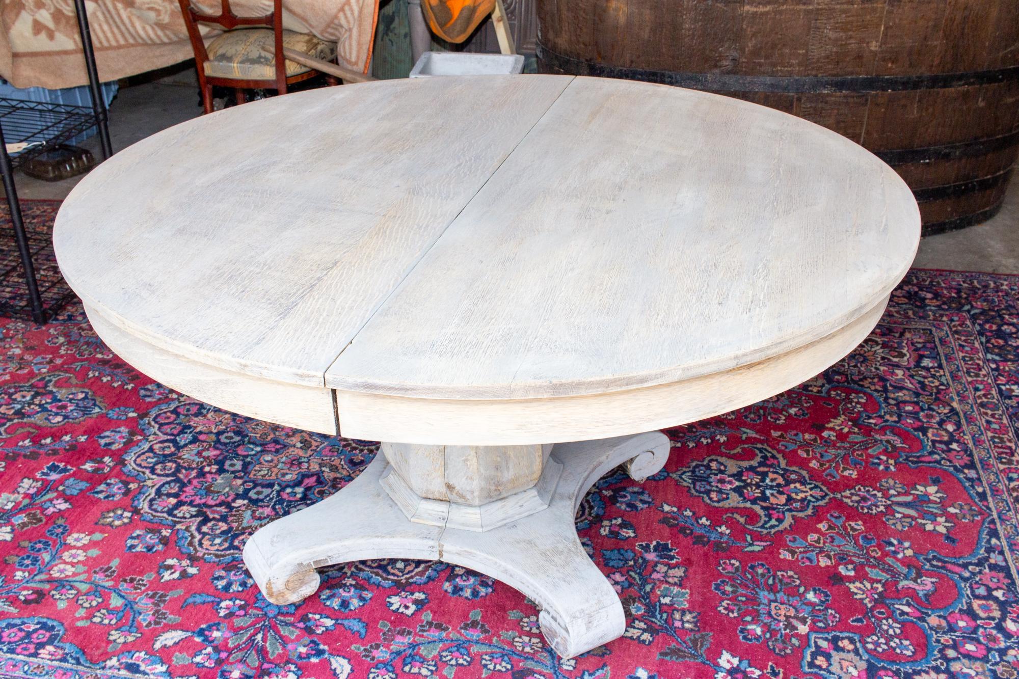 19th Century Antique Round Oak Pedestal Table in Light Greige Finish with Extension Leaves