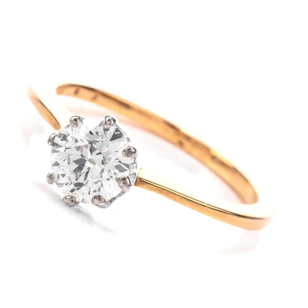 This classic Vintage diamond engagement ring is crafted in solid 14 karat yellow gold.   Weighing 2.2 grams and measuring 6.5mm x 6.5mm, the stunning ring

Showcases a centered 8 prong-set round European cut diamond

weighing approximately, 0.75