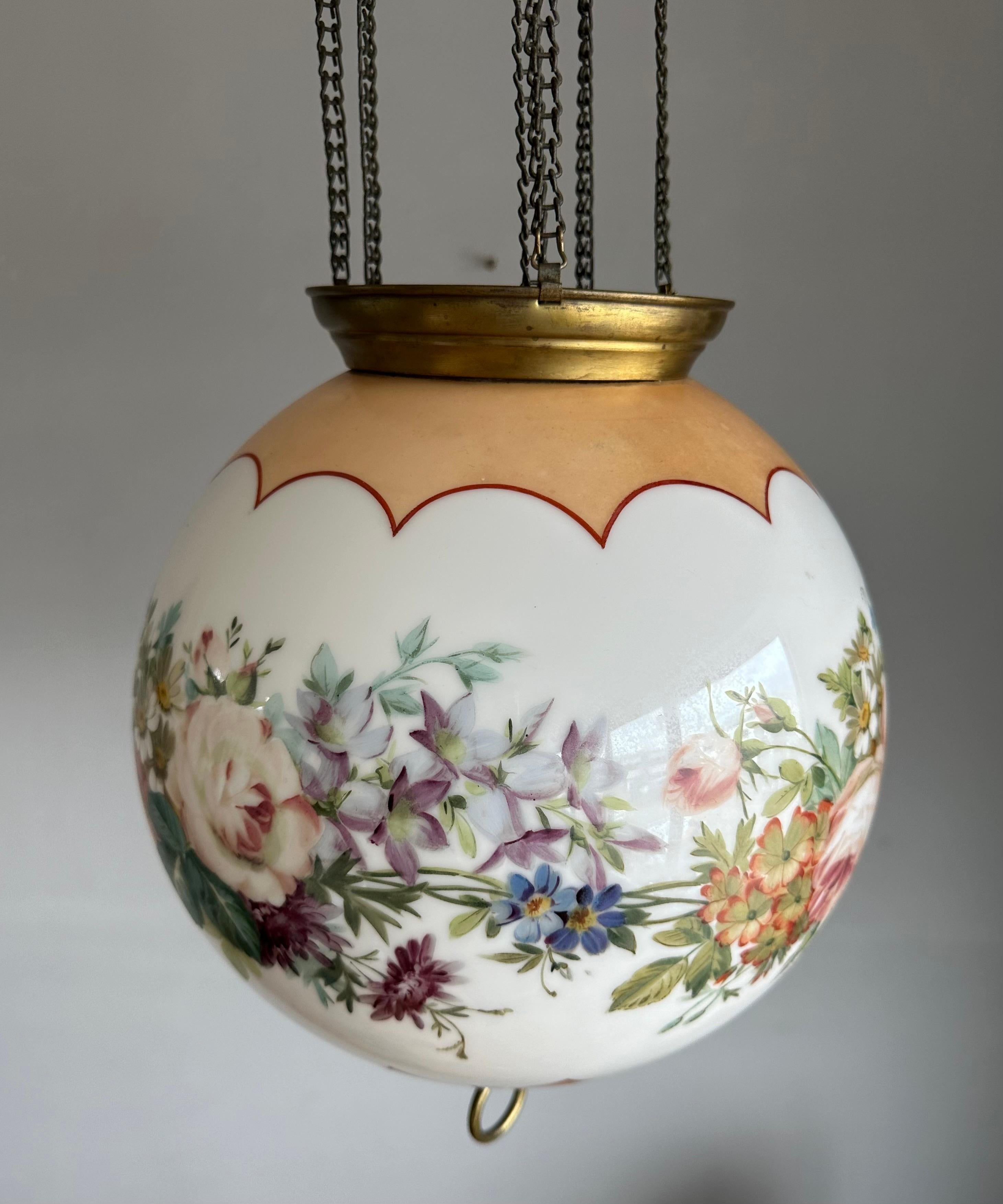 Antique Round Opaline Glass Shade Pendant Light with Wreath of Flowers Decor For Sale 2