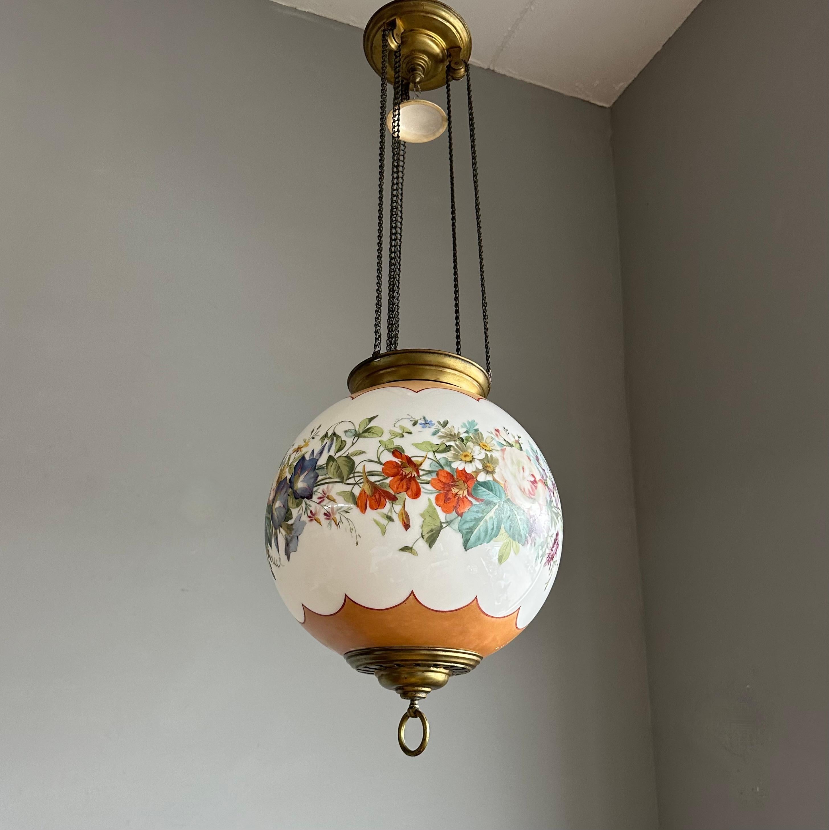 Antique Round Opaline Glass Shade Pendant Light with Wreath of Flowers Decor For Sale 3