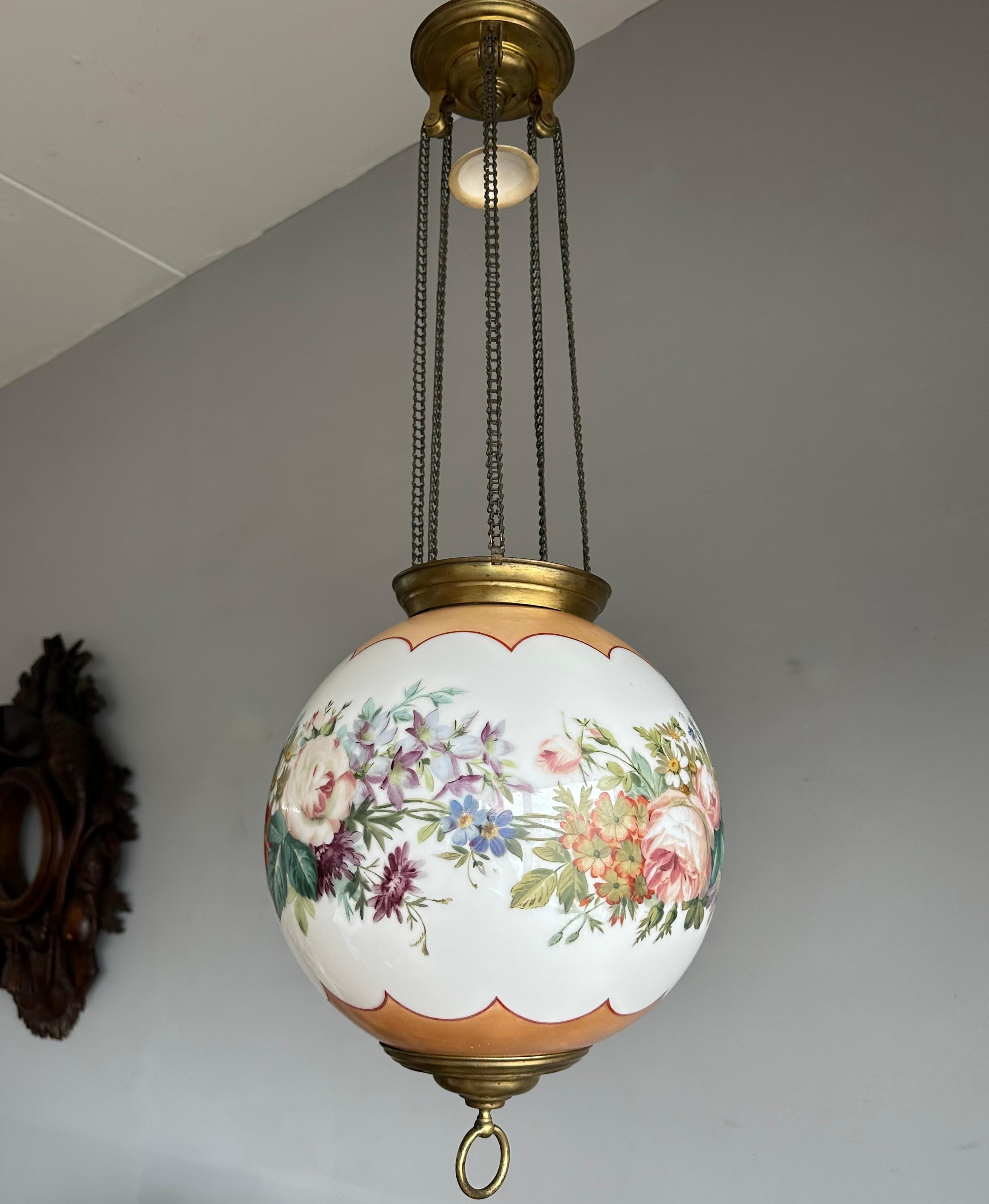 Antique Round Opaline Glass Shade Pendant Light with Wreath of Flowers Decor For Sale 4
