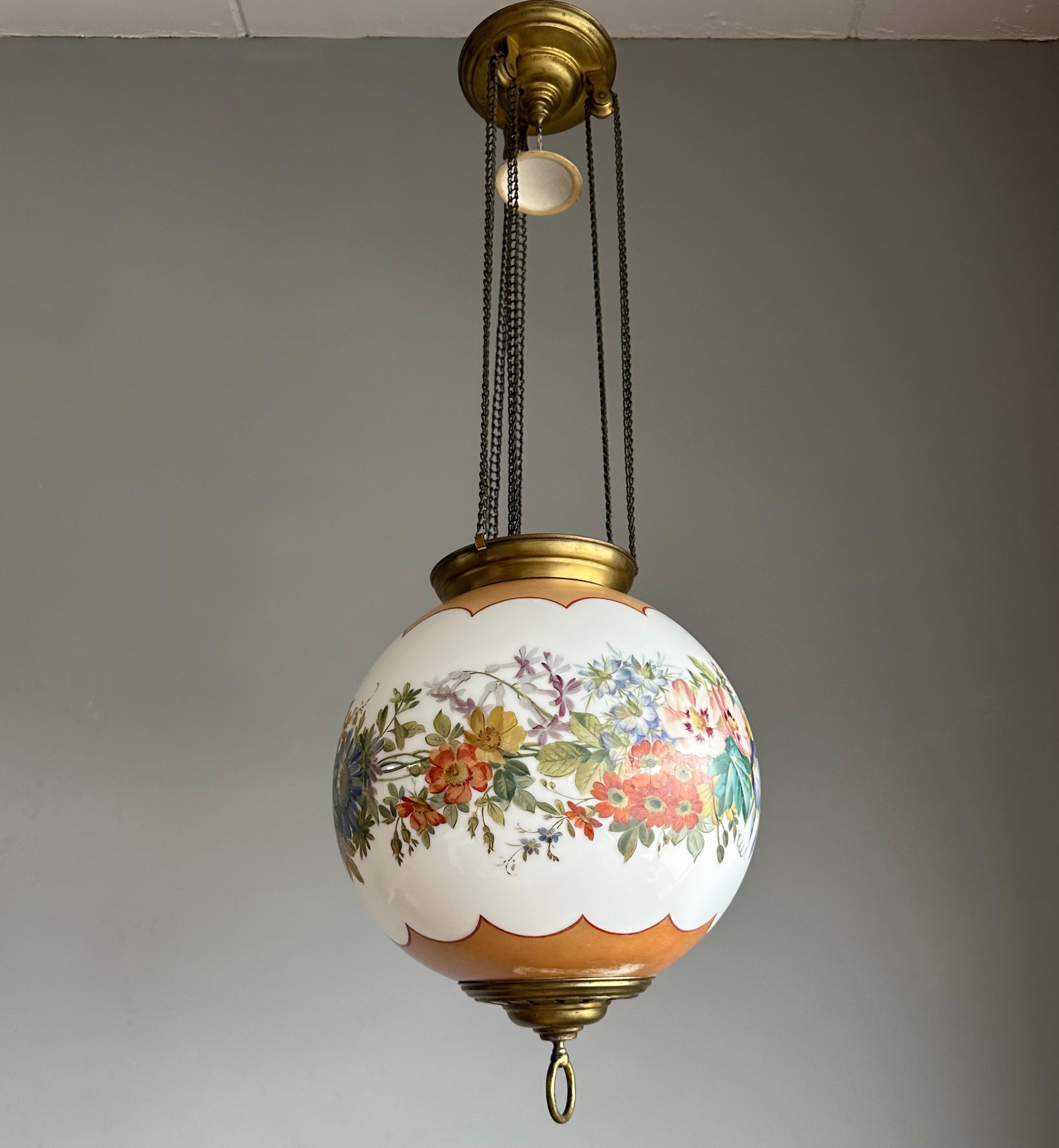 Antique Round Opaline Glass Shade Pendant Light with Wreath of Flowers Decor For Sale 5