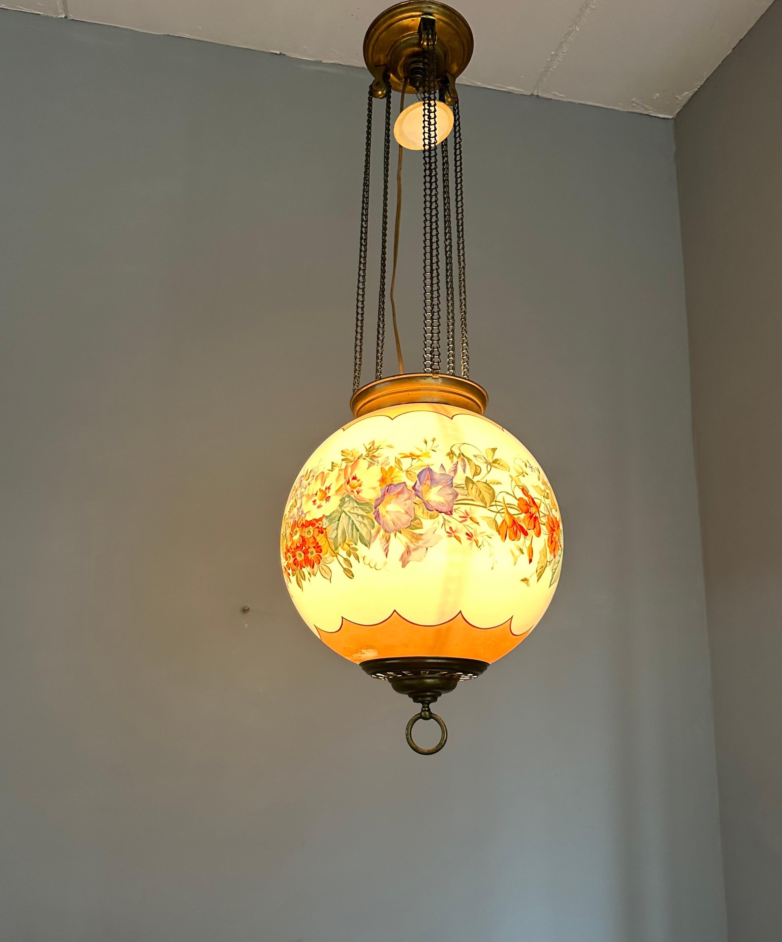 Antique Round Opaline Glass Shade Pendant Light with Wreath of Flowers Decor For Sale 6