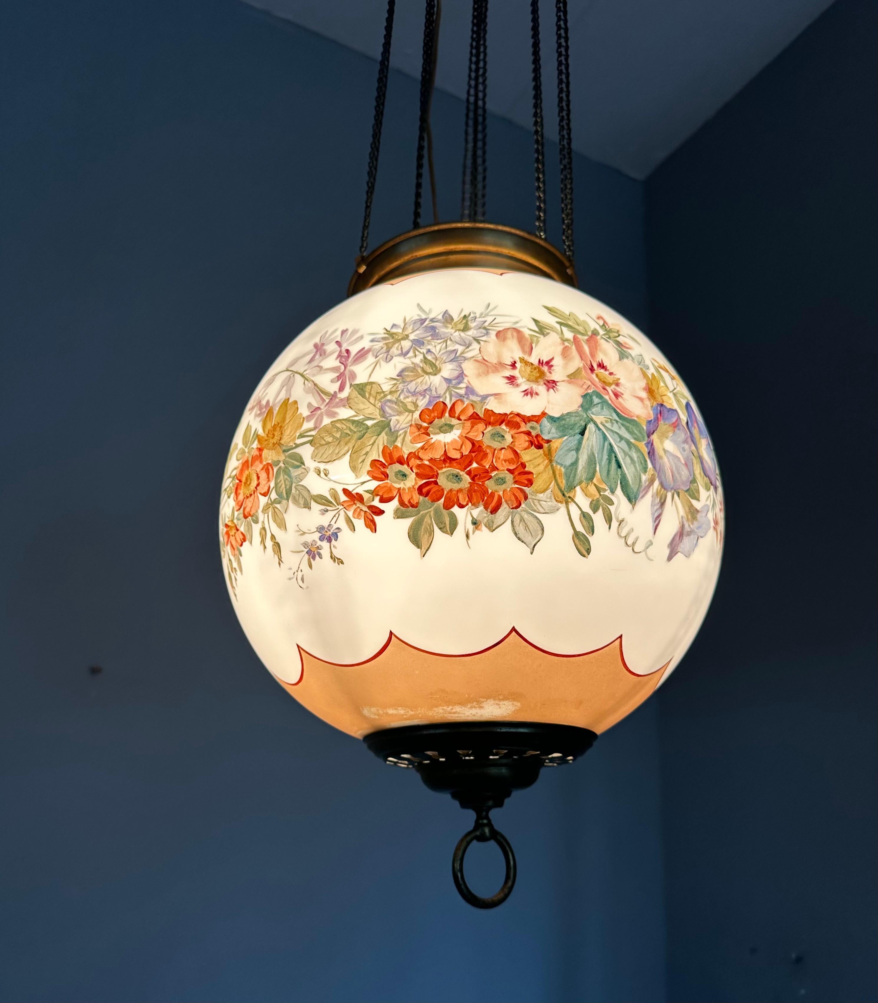 Antique Round Opaline Glass Shade Pendant Light with Wreath of Flowers Decor For Sale 7
