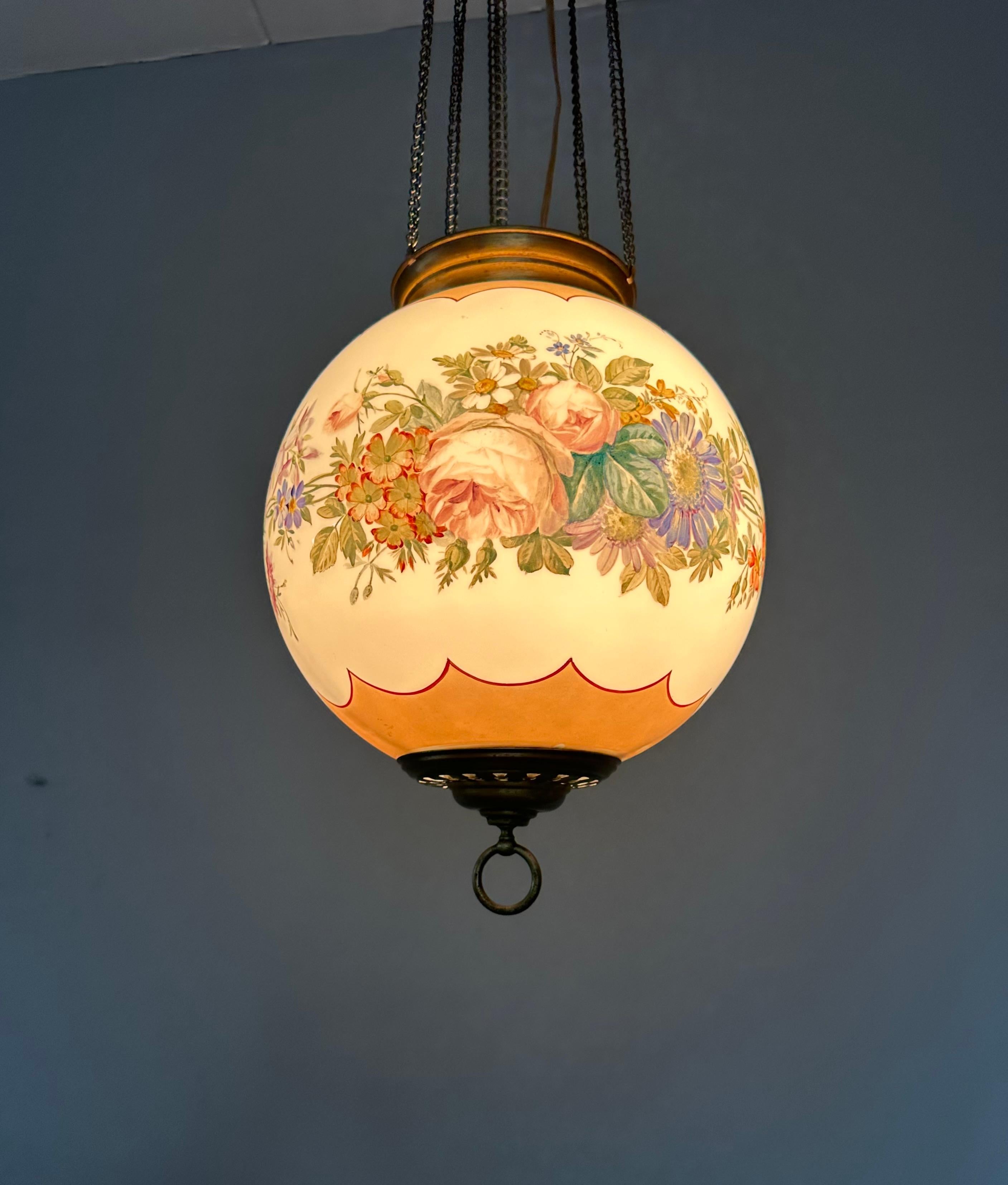 Antique Round Opaline Glass Shade Pendant Light with Wreath of Flowers Decor For Sale 8