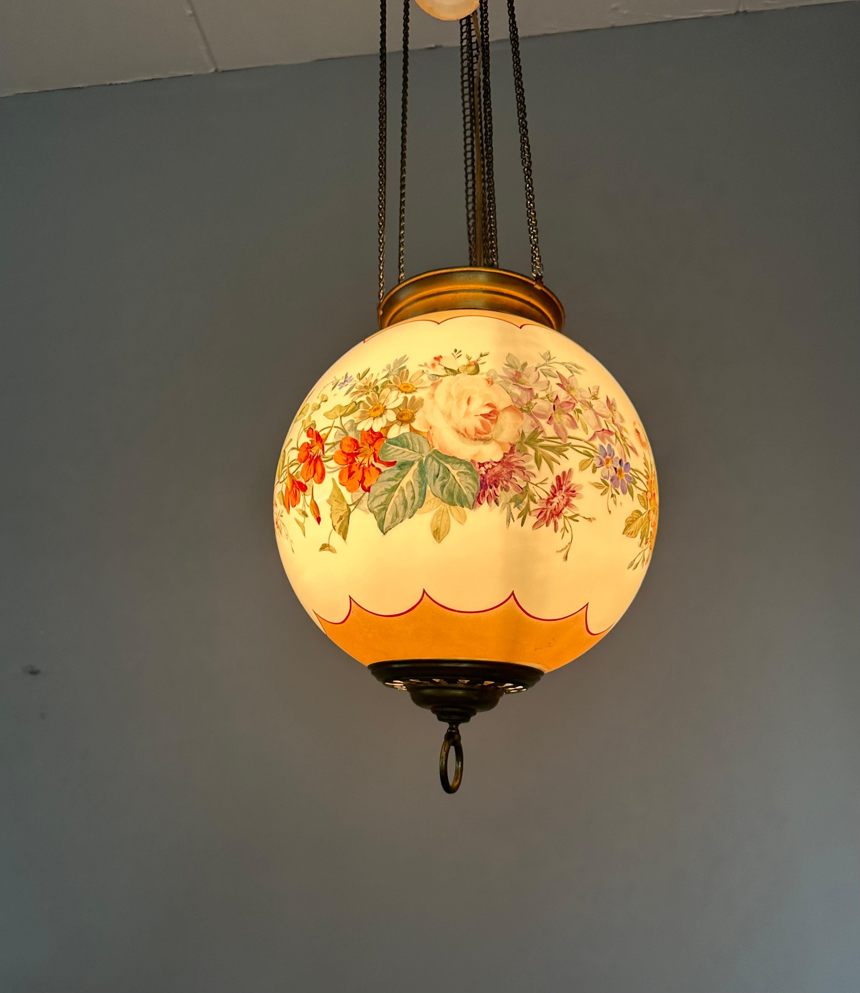 Antique Round Opaline Glass Shade Pendant Light with Wreath of Flowers Decor For Sale 9