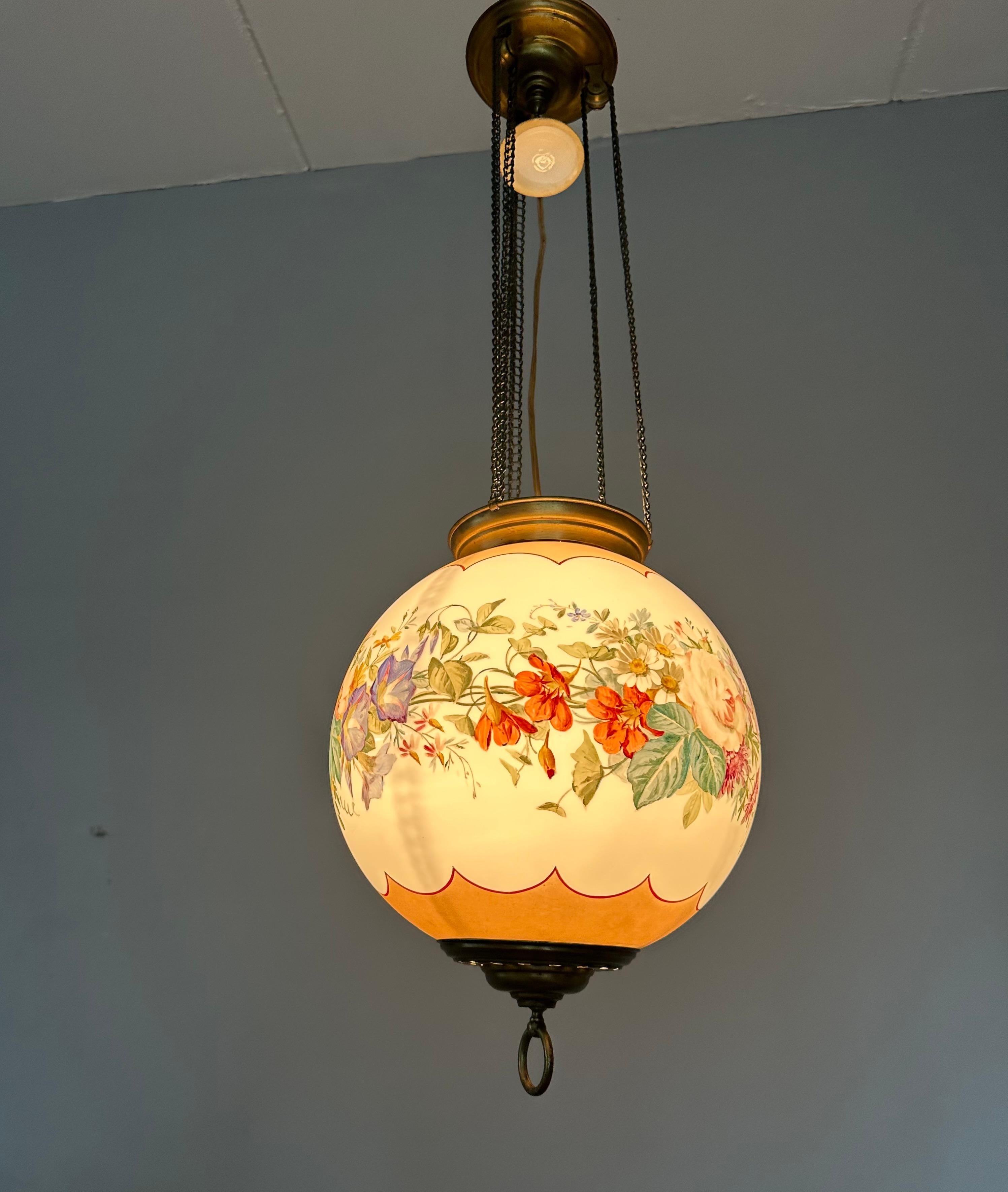 Antique Round Opaline Glass Shade Pendant Light with Wreath of Flowers Decor For Sale 10