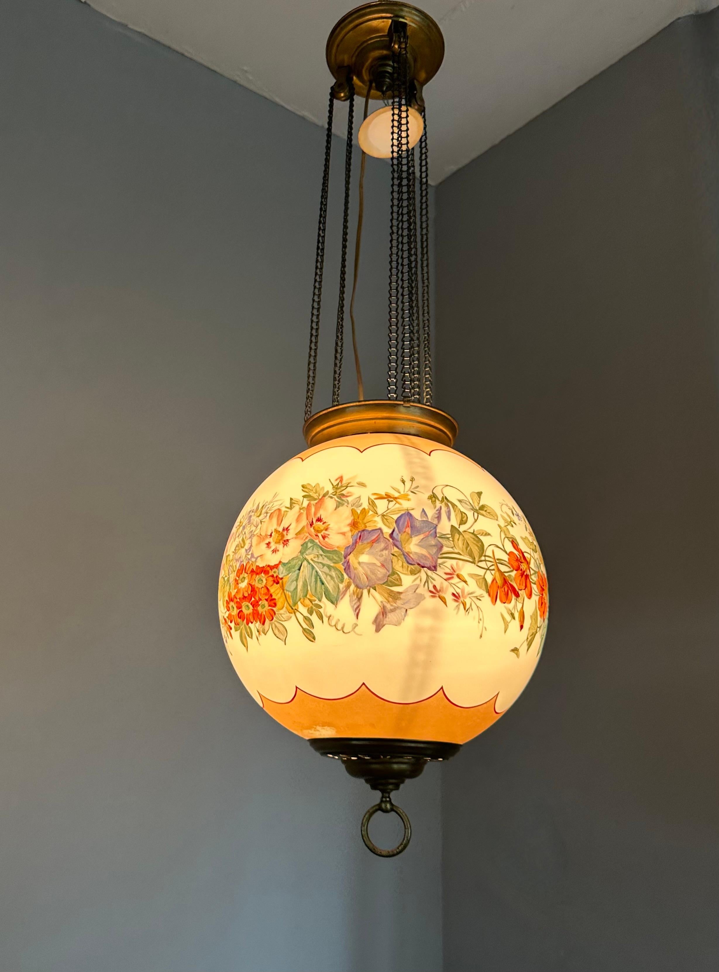 Antique Round Opaline Glass Shade Pendant Light with Wreath of Flowers Decor For Sale 11