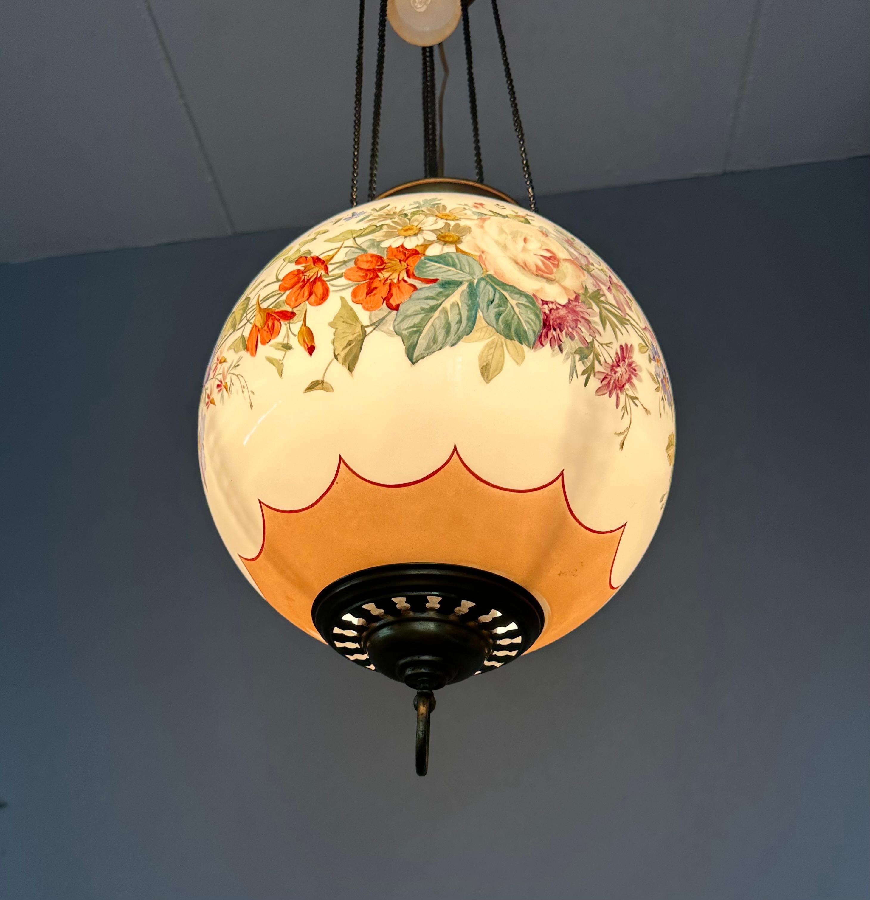 Antique Round Opaline Glass Shade Pendant Light with Wreath of Flowers Decor For Sale 12