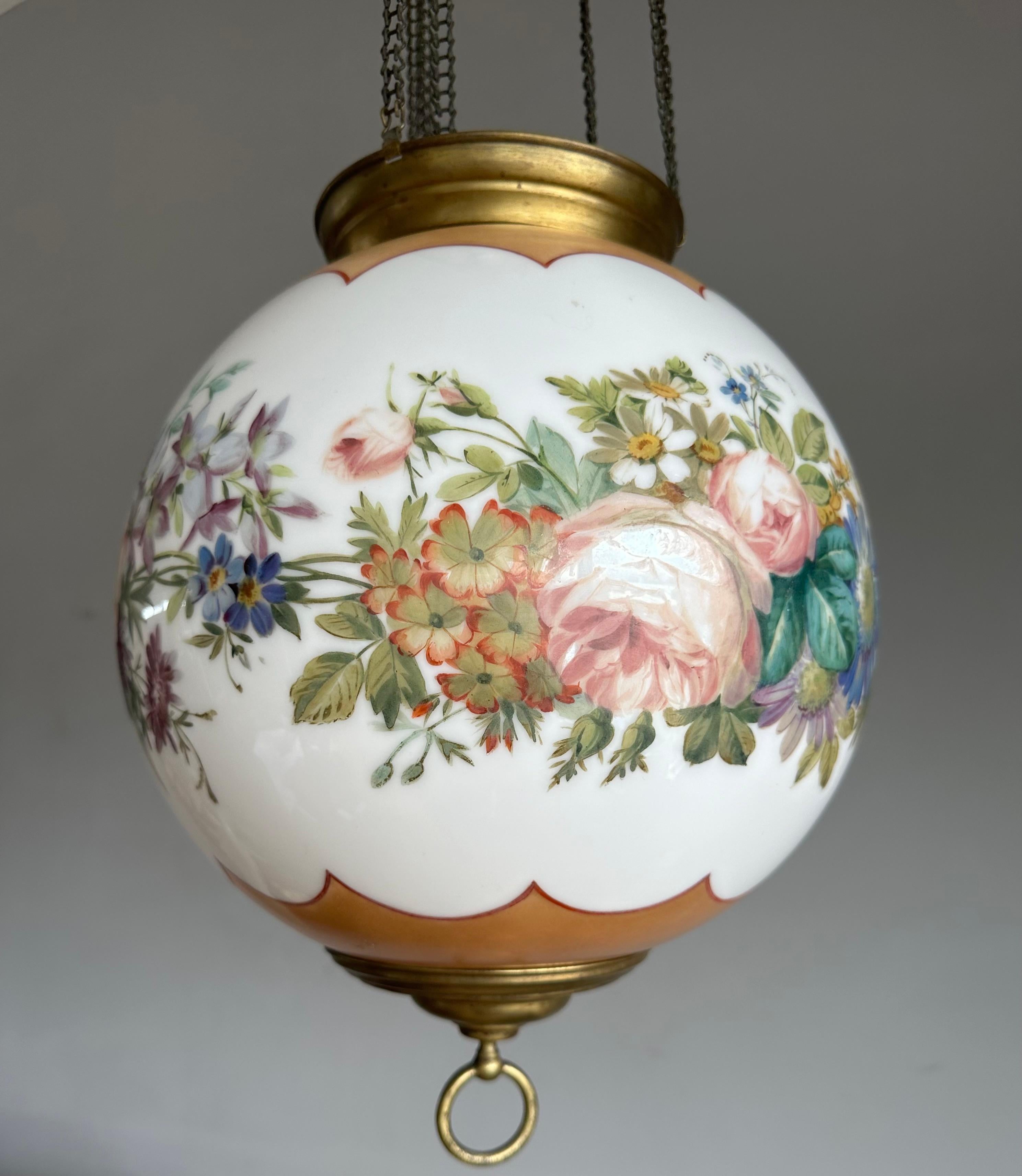 European Antique Round Opaline Glass Shade Pendant Light with Wreath of Flowers Decor For Sale