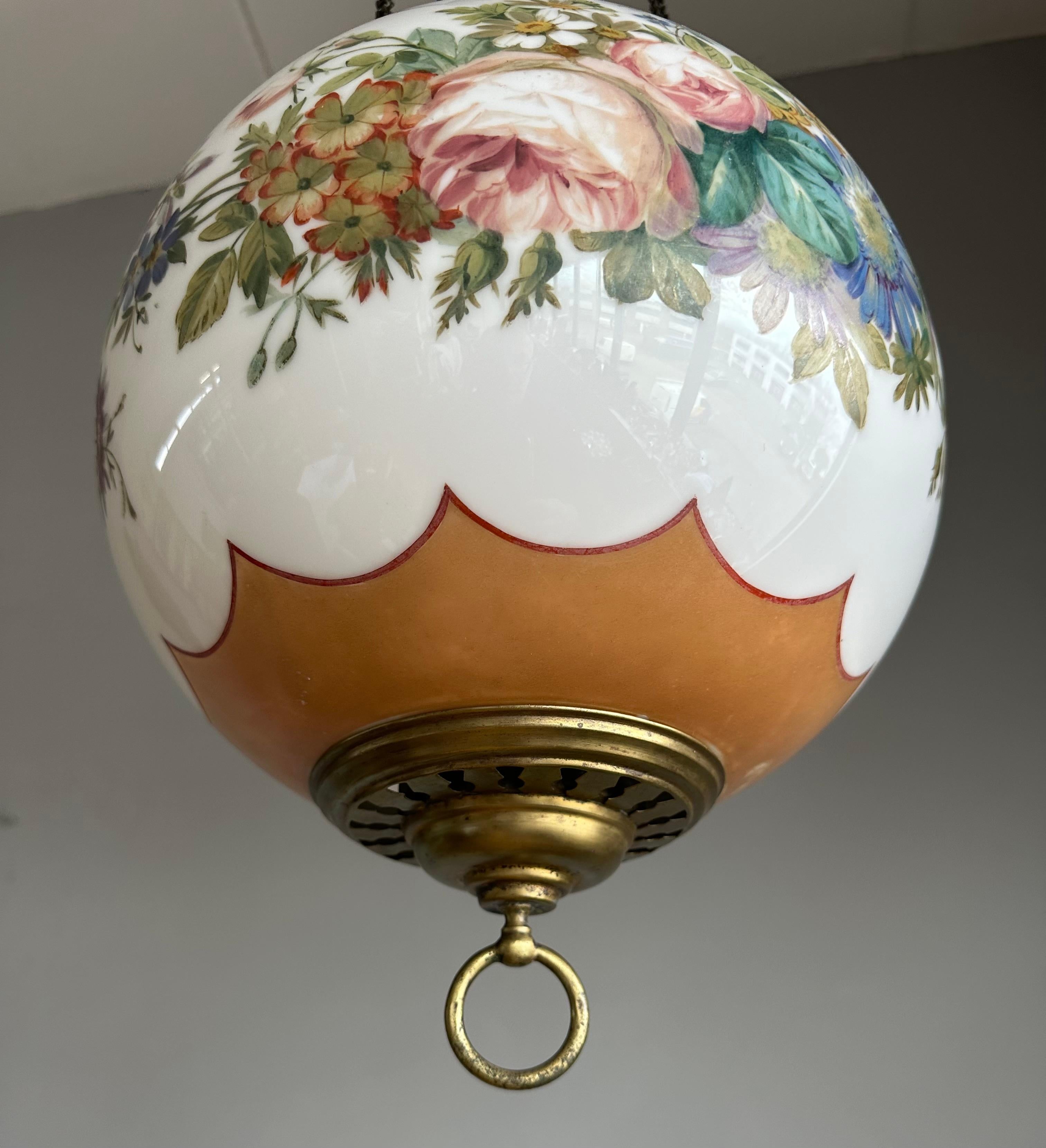 Cast Antique Round Opaline Glass Shade Pendant Light with Wreath of Flowers Decor For Sale