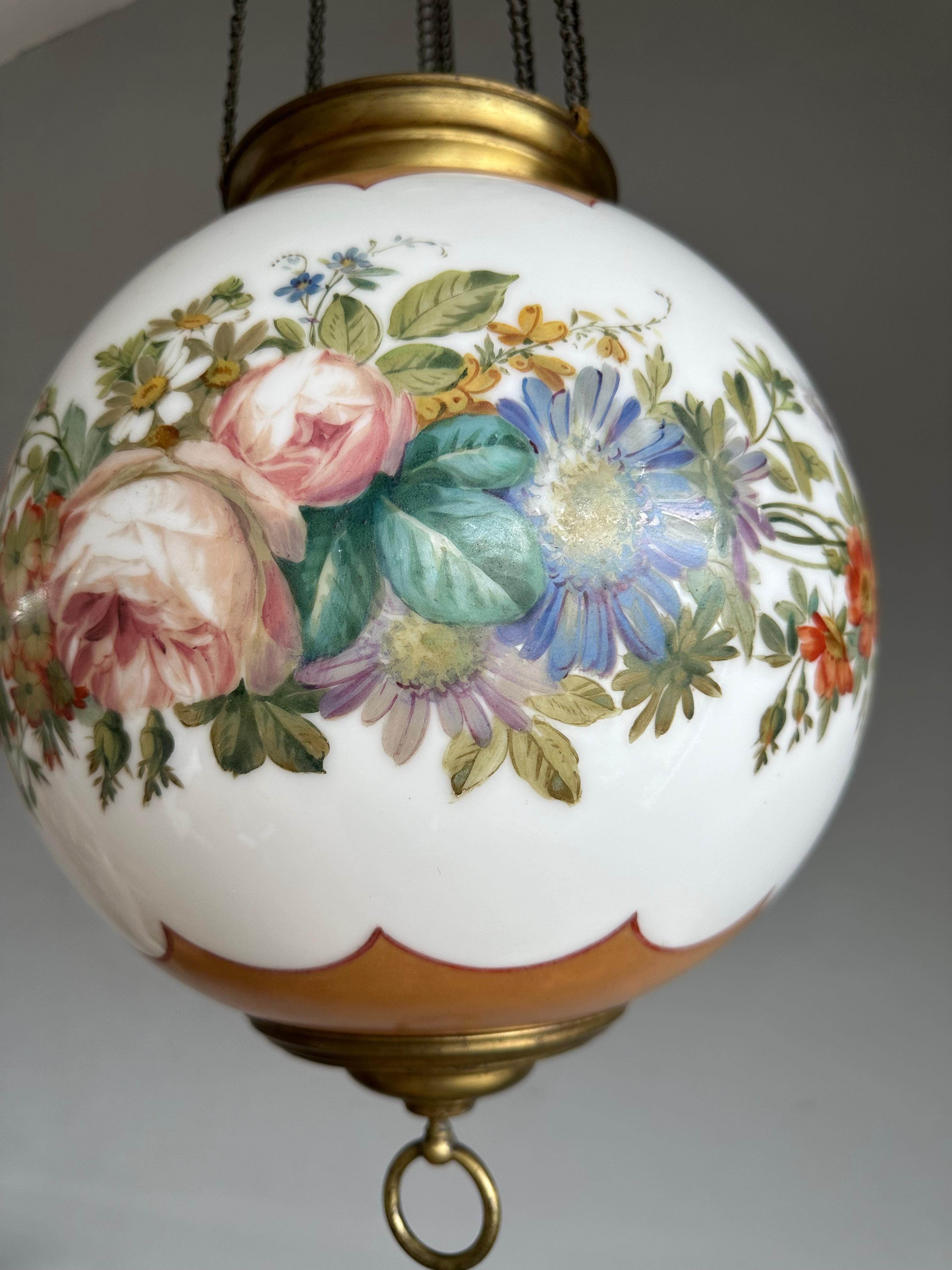 Antique Round Opaline Glass Shade Pendant Light with Wreath of Flowers Decor In Good Condition For Sale In Lisse, NL