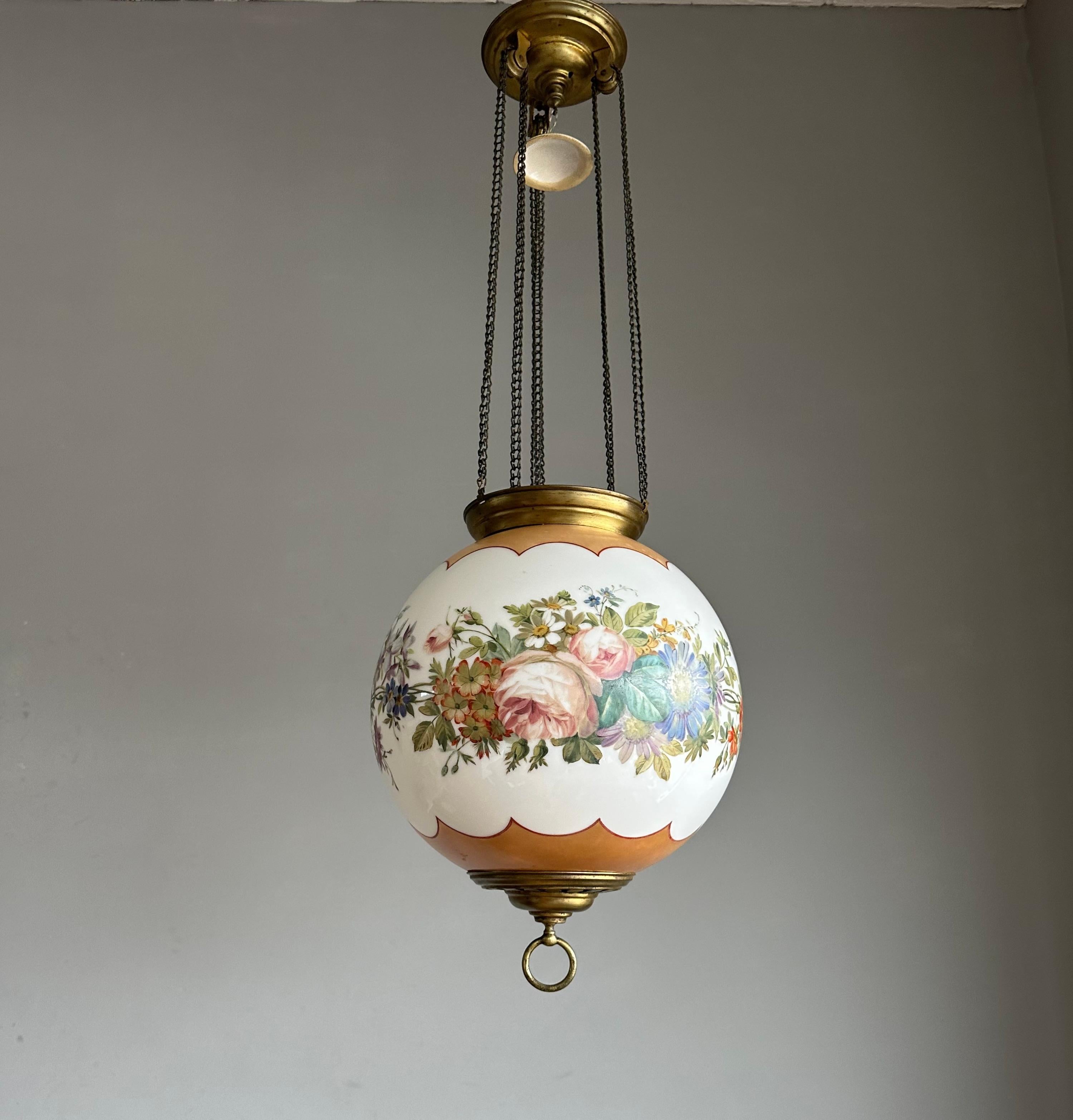 19th Century Antique Round Opaline Glass Shade Pendant Light with Wreath of Flowers Decor For Sale