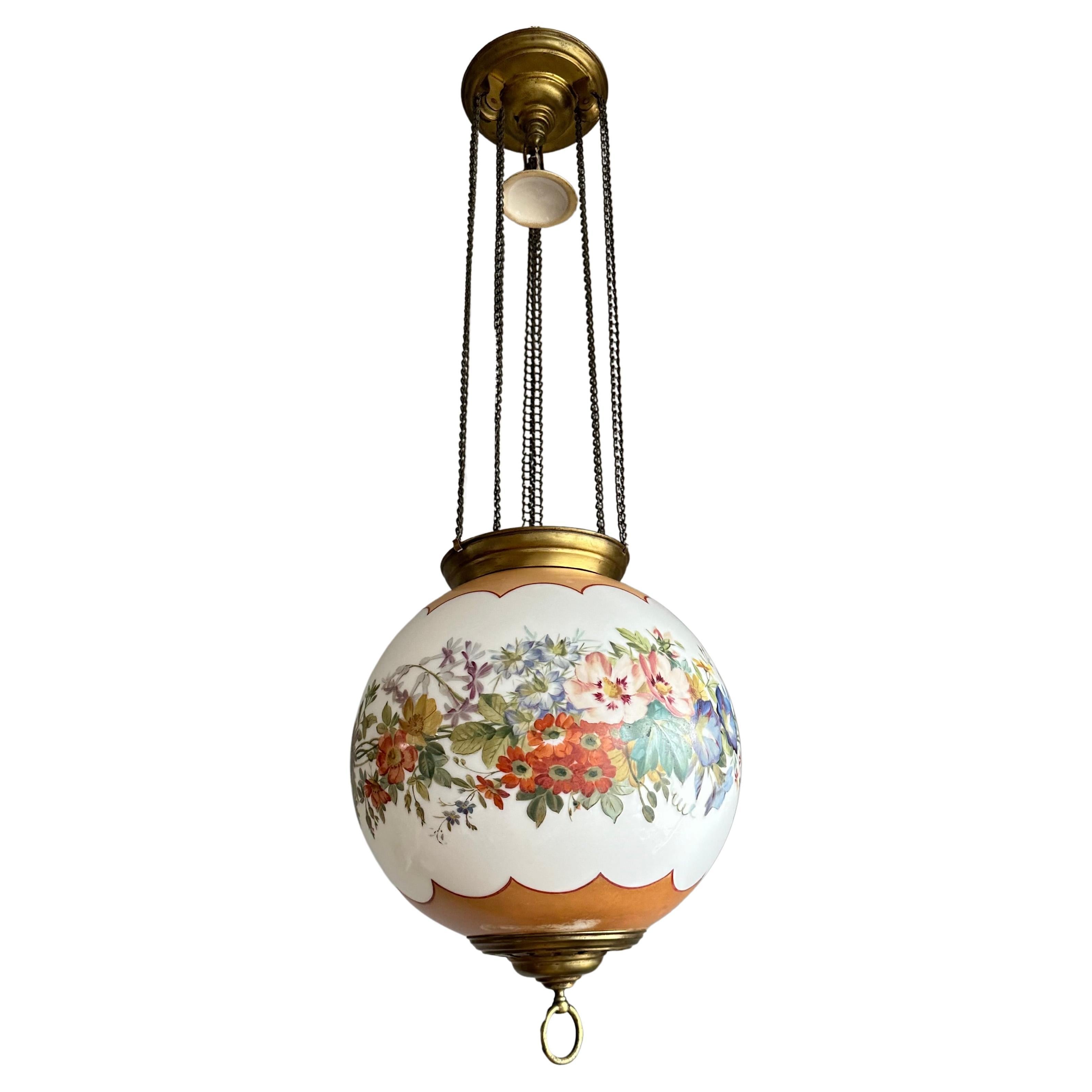 Antique Round Opaline Glass Shade Pendant Light with Wreath of Flowers Decor For Sale