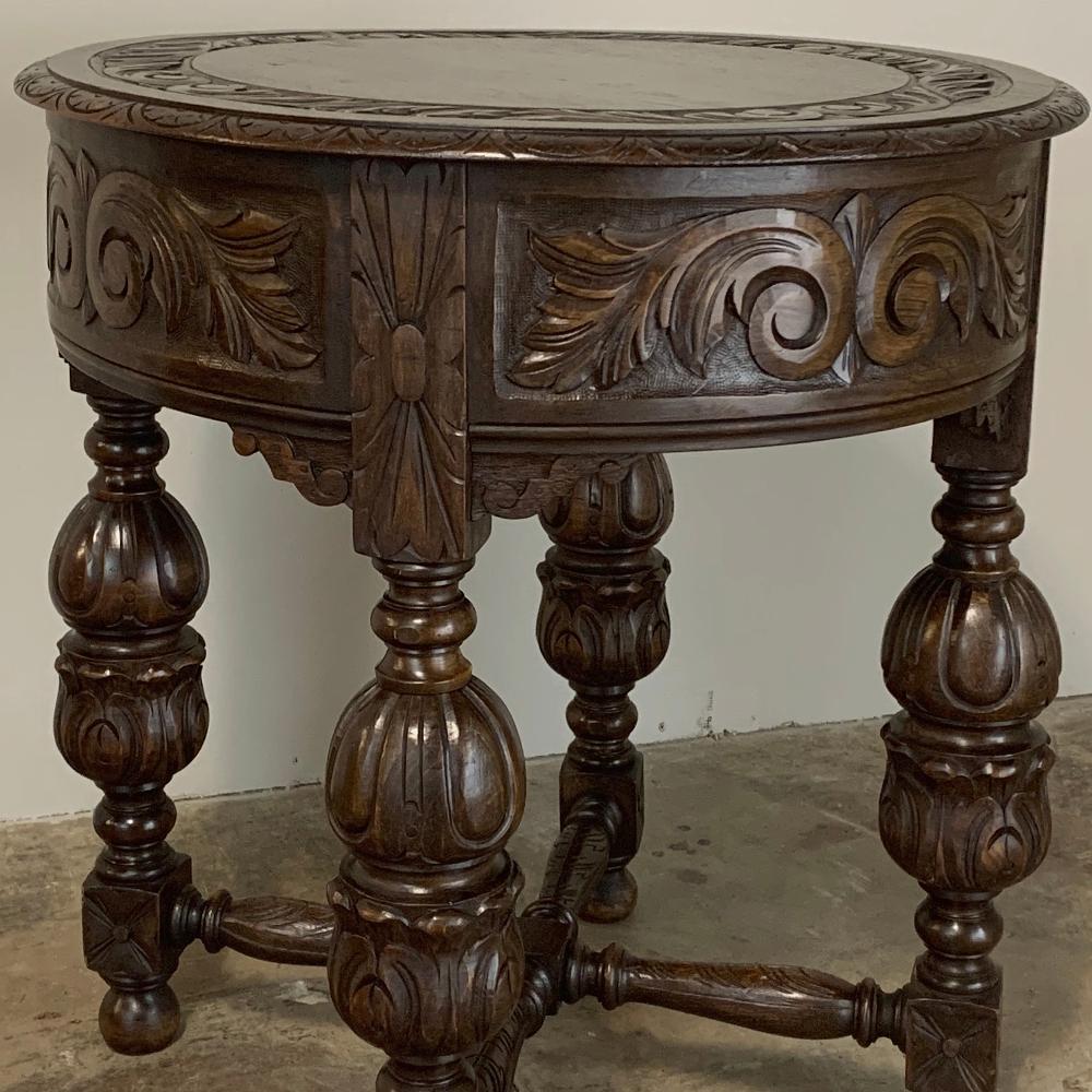 Hand-Carved Antique Round Renaissance End Table