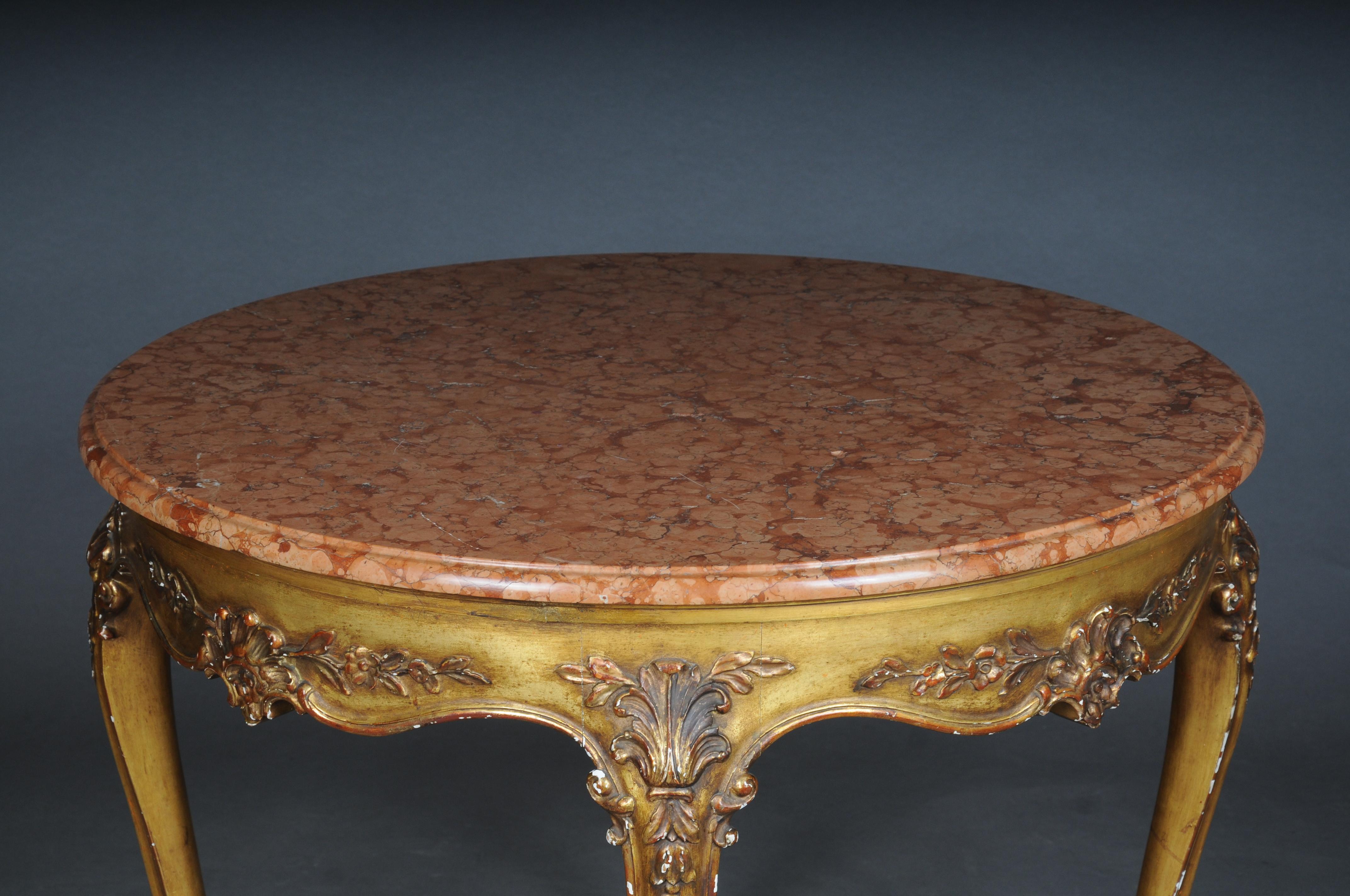 Antique round salon/coffee table, Louis XV circa 1900. Gold with marble top For Sale 2