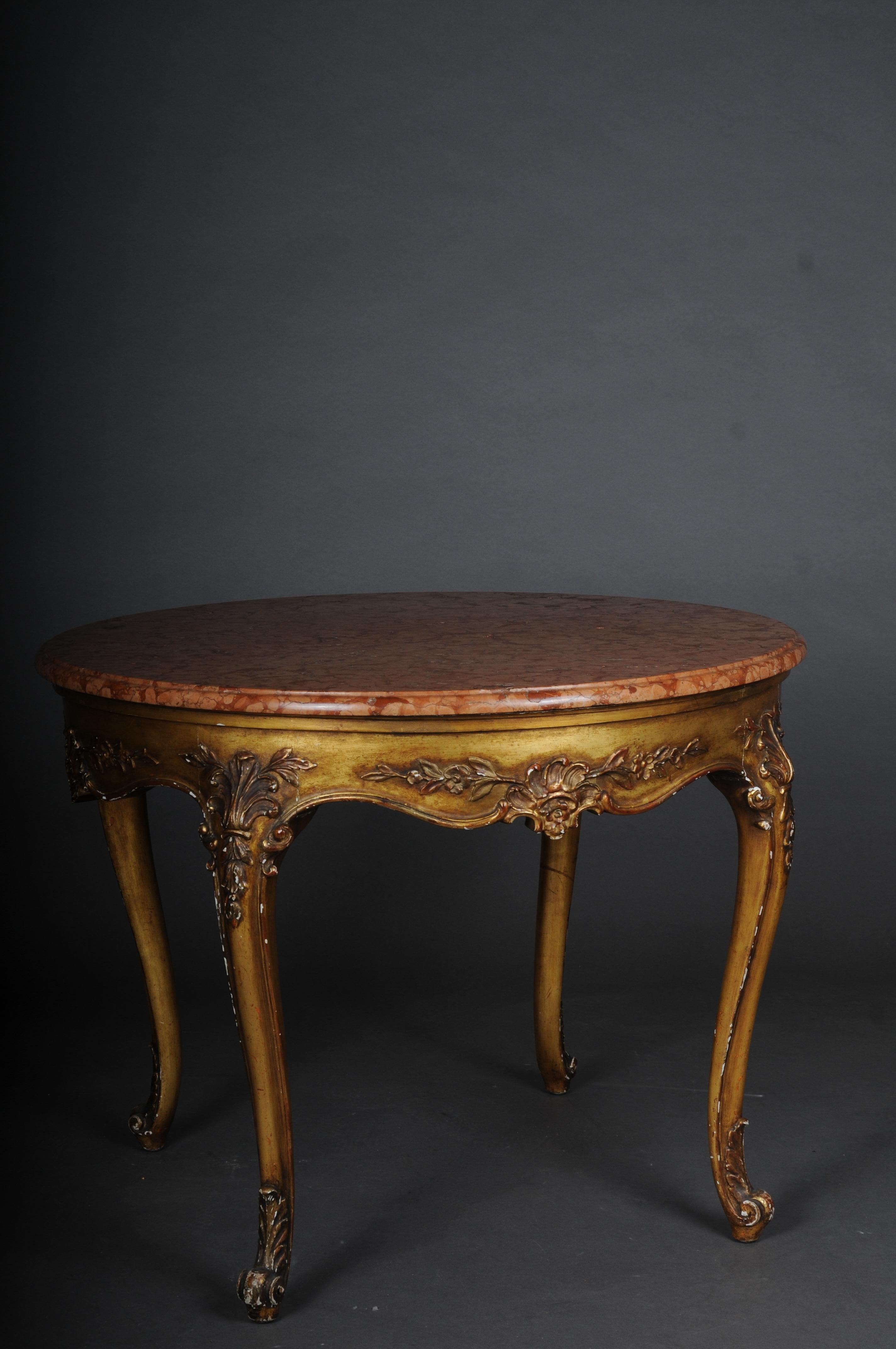 French Antique round salon/coffee table, Louis XV circa 1900. Gold with marble top For Sale