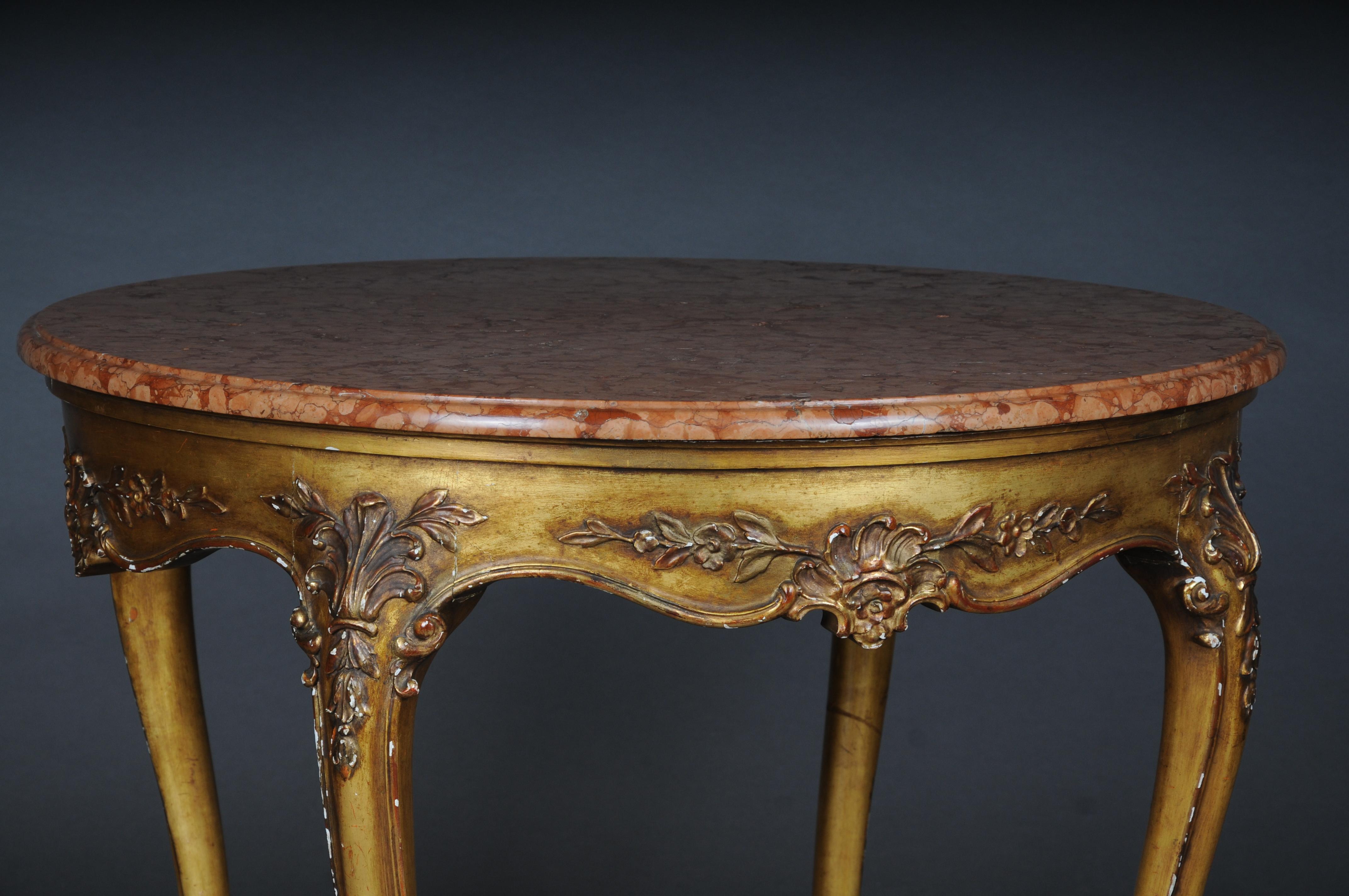 Hand-Carved Antique round salon/coffee table, Louis XV circa 1900. Gold with marble top For Sale