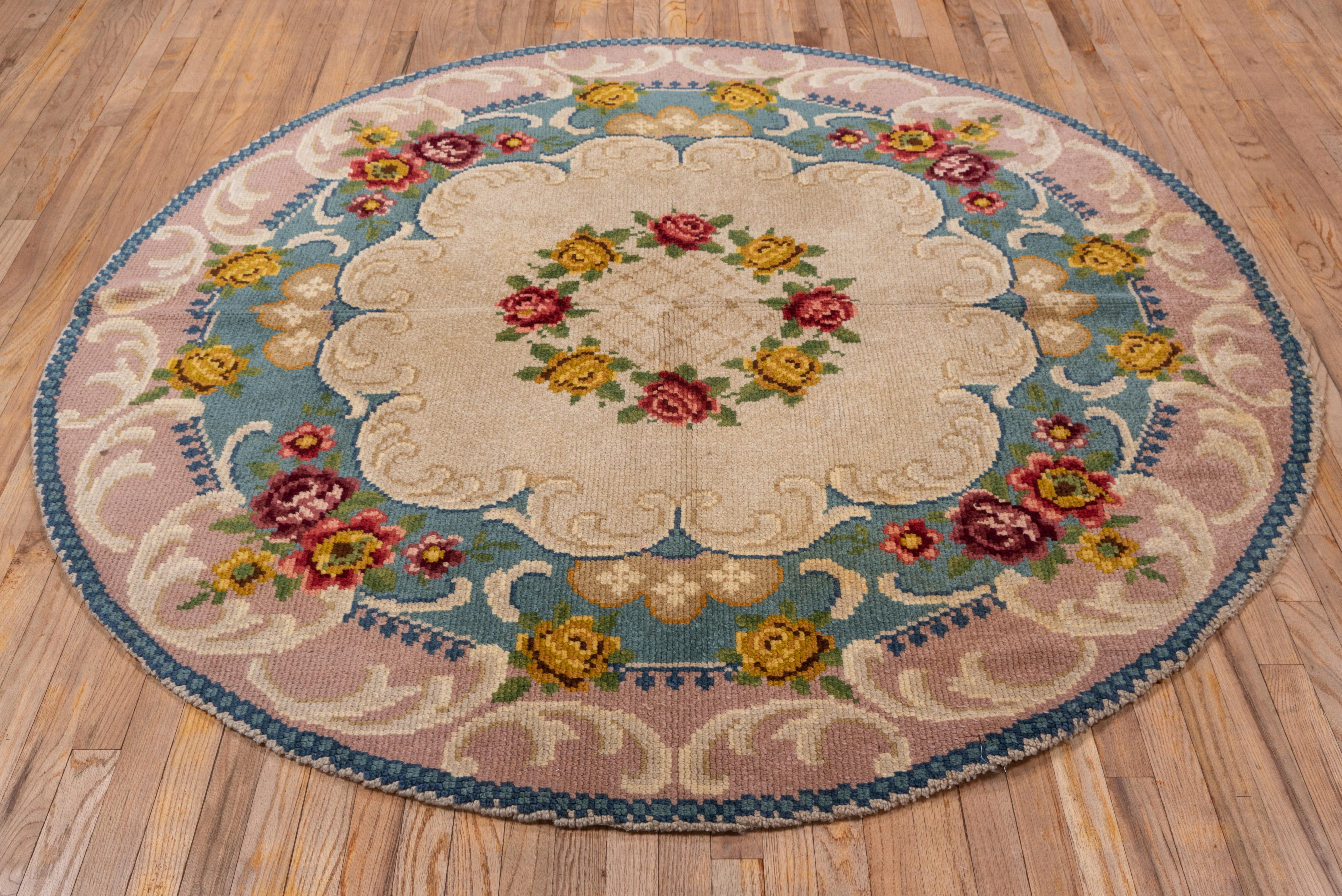 French Provincial Antique Round Savonnerie Carpet, circa 1930s For Sale