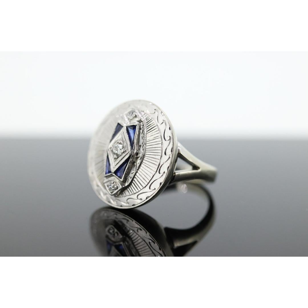 Women's or Men's Antique ROUND SHIELD ring. 14k TRILOGY three diamond and sapphire shield ring. For Sale