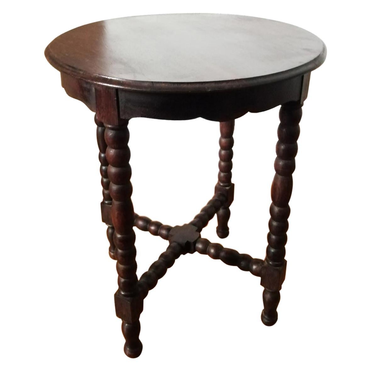 Antique Round Side Table from the 19th Century Bobbin Turned Legs For