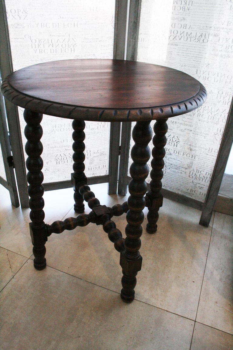 Antique Round Side Table from the 19th Century Wood with Turned Legs at