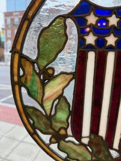 Antique Round Stained Glass Window, 13 Star American Flag