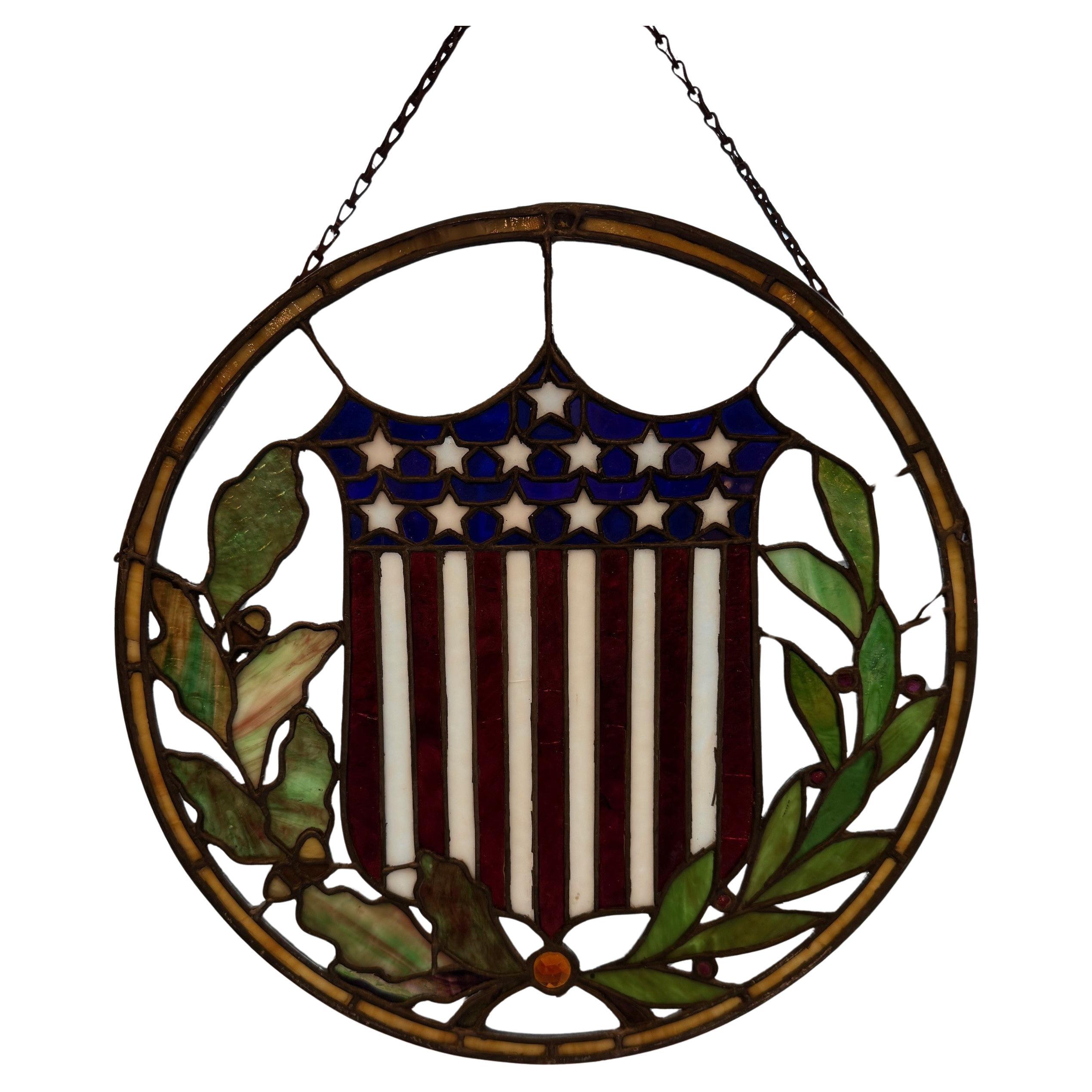 Vidriera redonda antigua, bandera americana de 13 estrellas