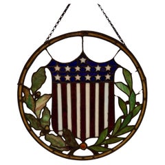 Antique Round Stained Glass Window, 13 Star American Flag