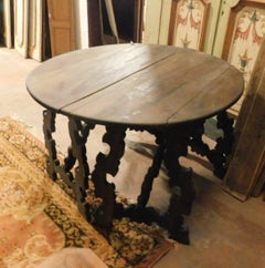 Antique Round Table in Walnut, Divisible into 2 Half-Moons, 19th Century, Italy