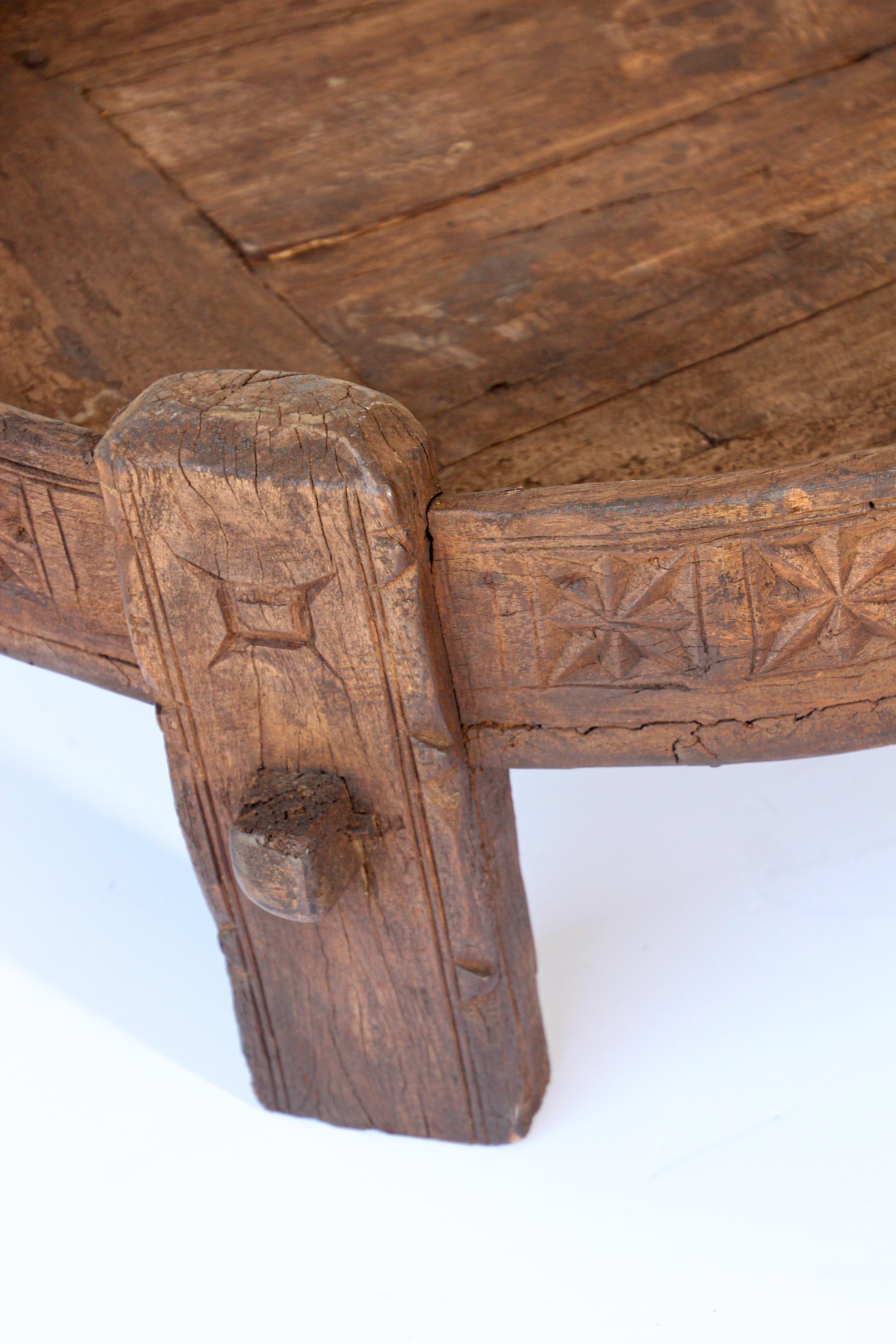 Hand-Carved Antique Round Tribal Grinder Low Table