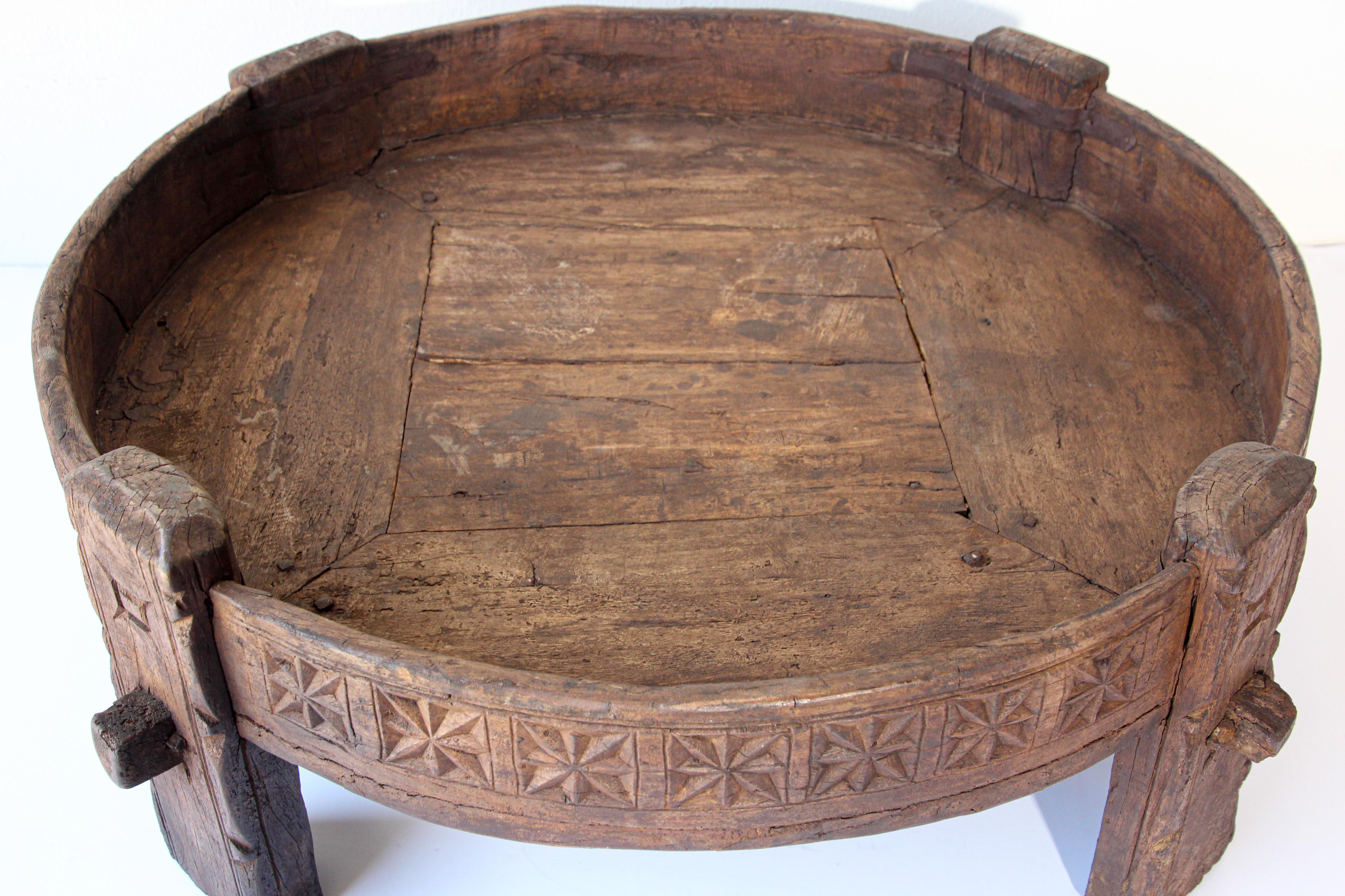 Antique Round Tribal Grinder Low Table In Distressed Condition In North Hollywood, CA