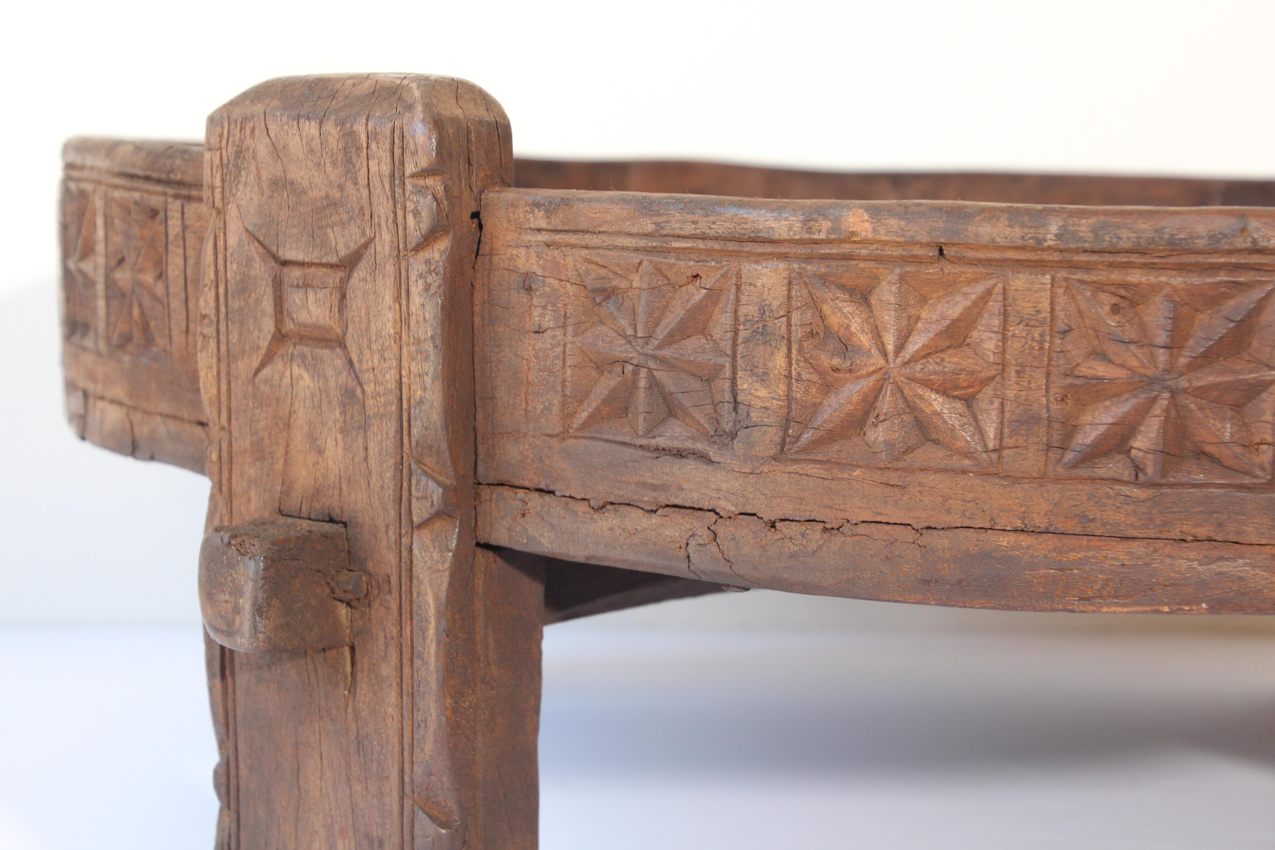 Hardwood Antique Round Tribal Grinder Low Table