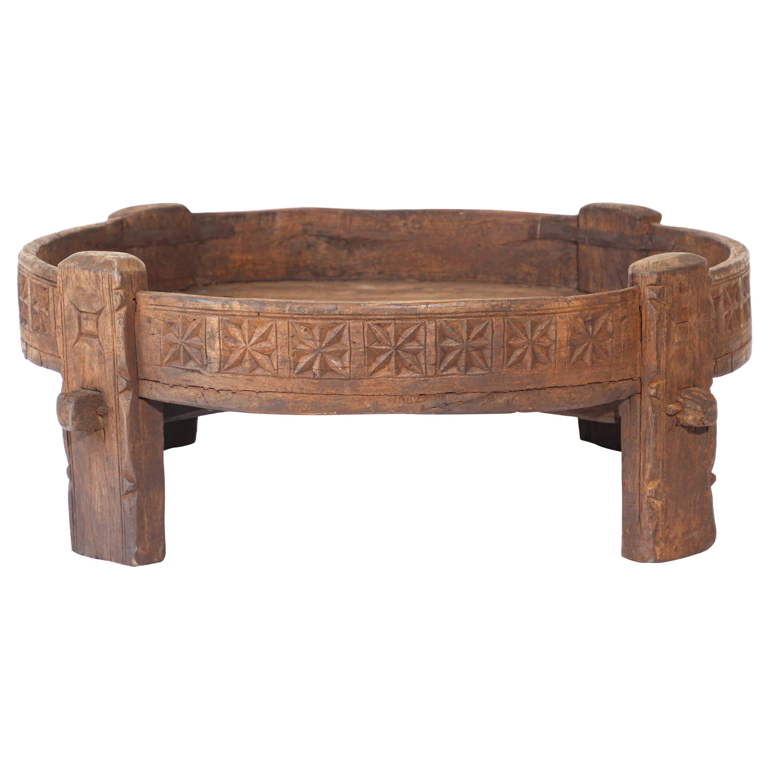 Antique Round Tribal Grinder Low Table