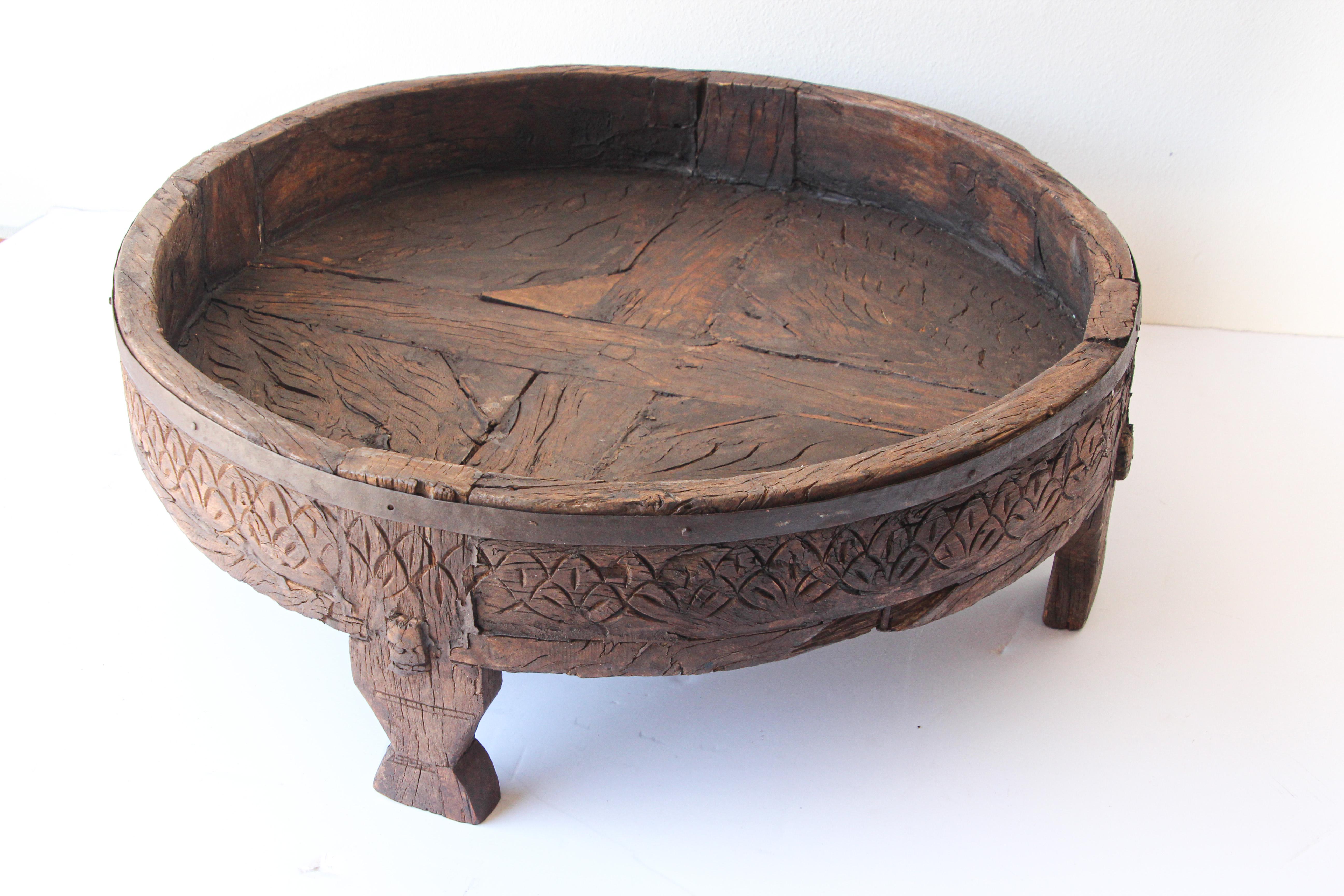 Indian Antique Round Tribal Low Teak Table