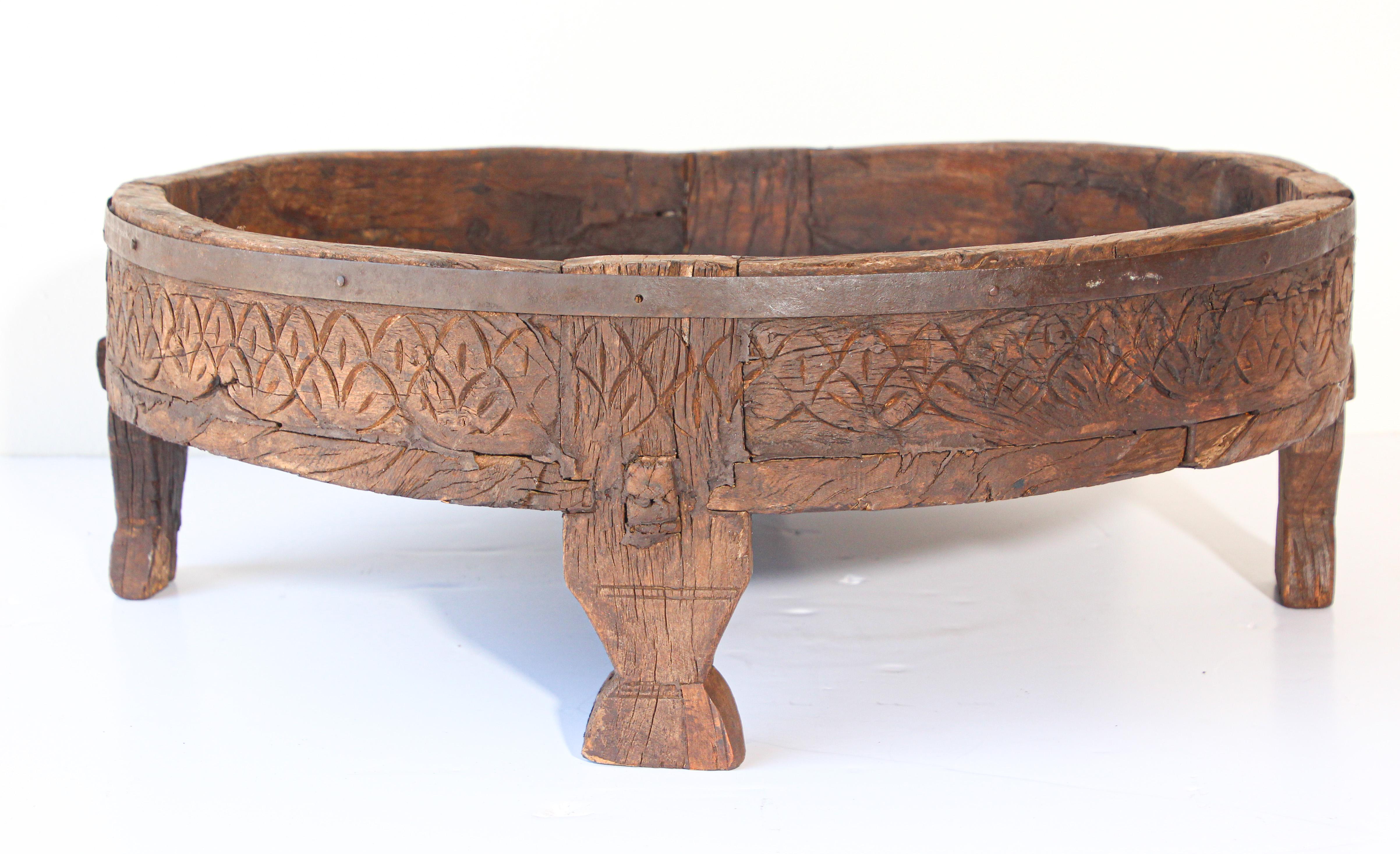 Hand-Carved Antique Round Tribal Low Teak Table