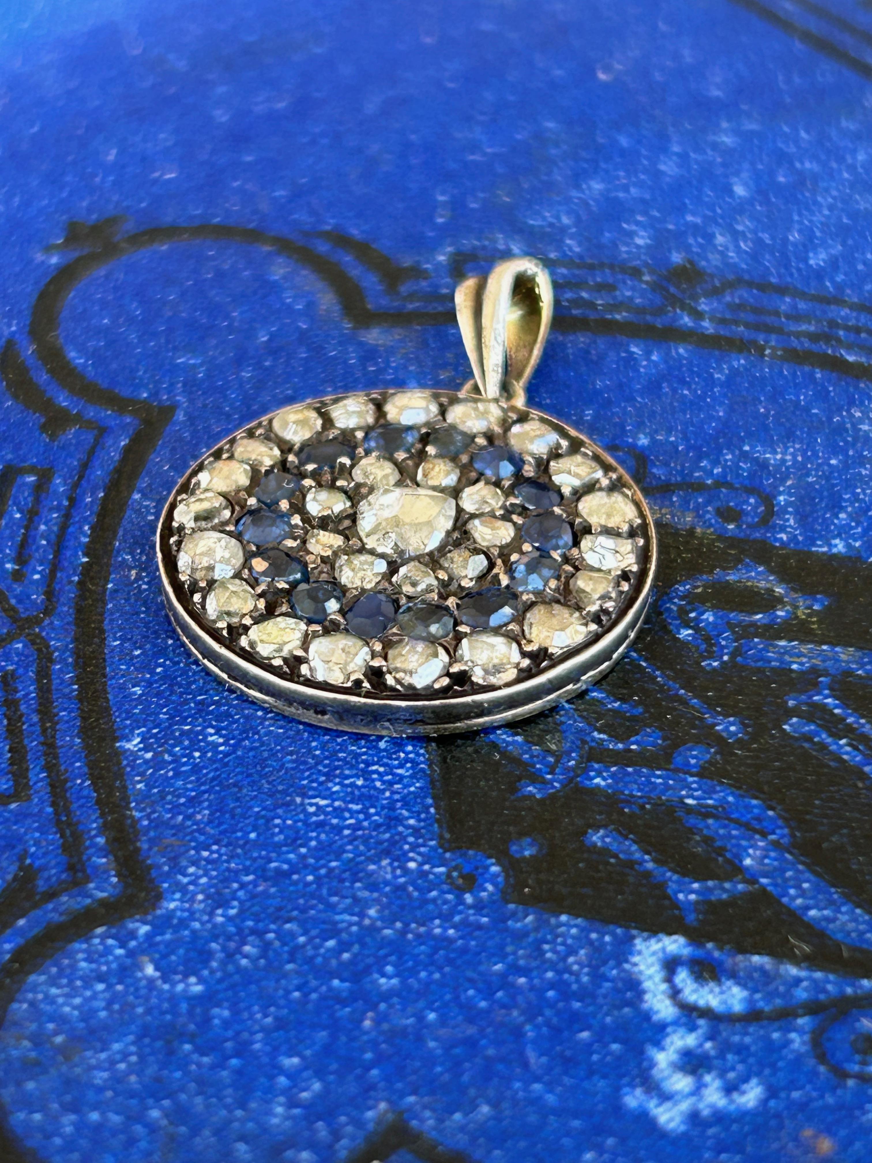 Antique Round Victorian Rose Cut Diamonds, Old Mine Cut Sapphire Cluster Pendant For Sale 7