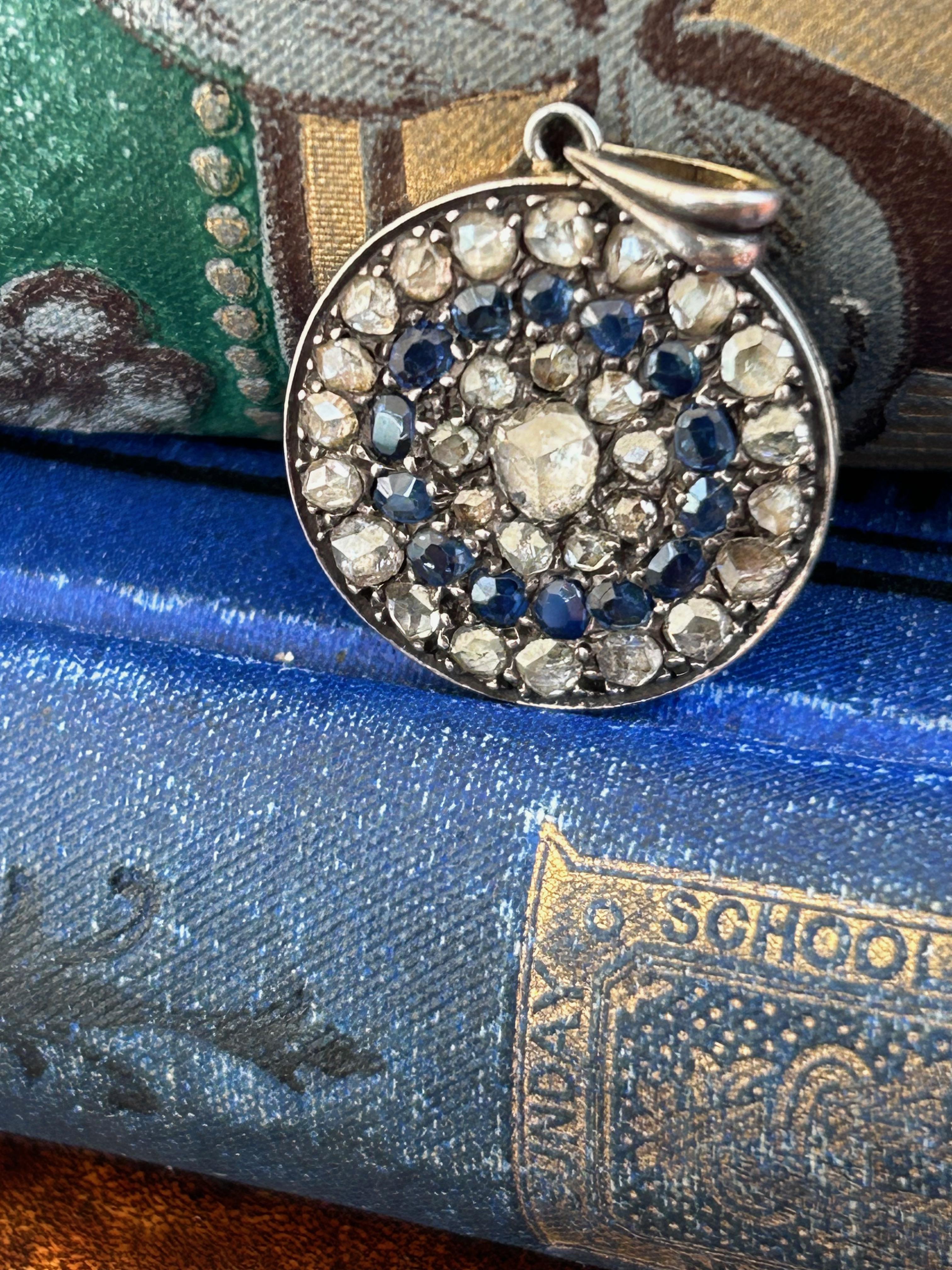 Antique Round Victorian Rose Cut Diamonds, Old Mine Cut Sapphire Cluster Pendant For Sale 8