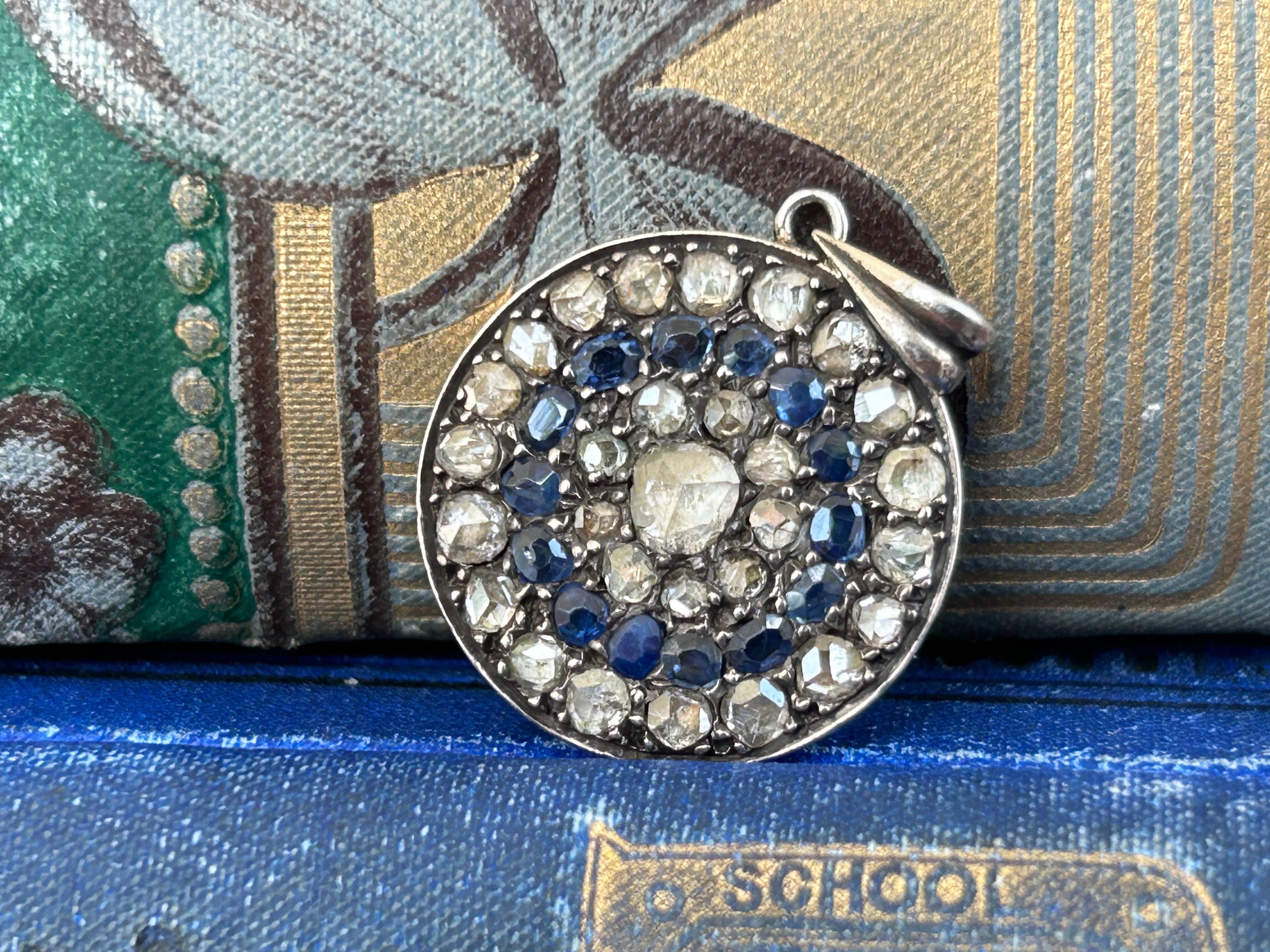 Antique Round Victorian Rose Cut Diamonds, Old Mine Cut Sapphire Cluster Pendant In Good Condition For Sale In Joelton, TN