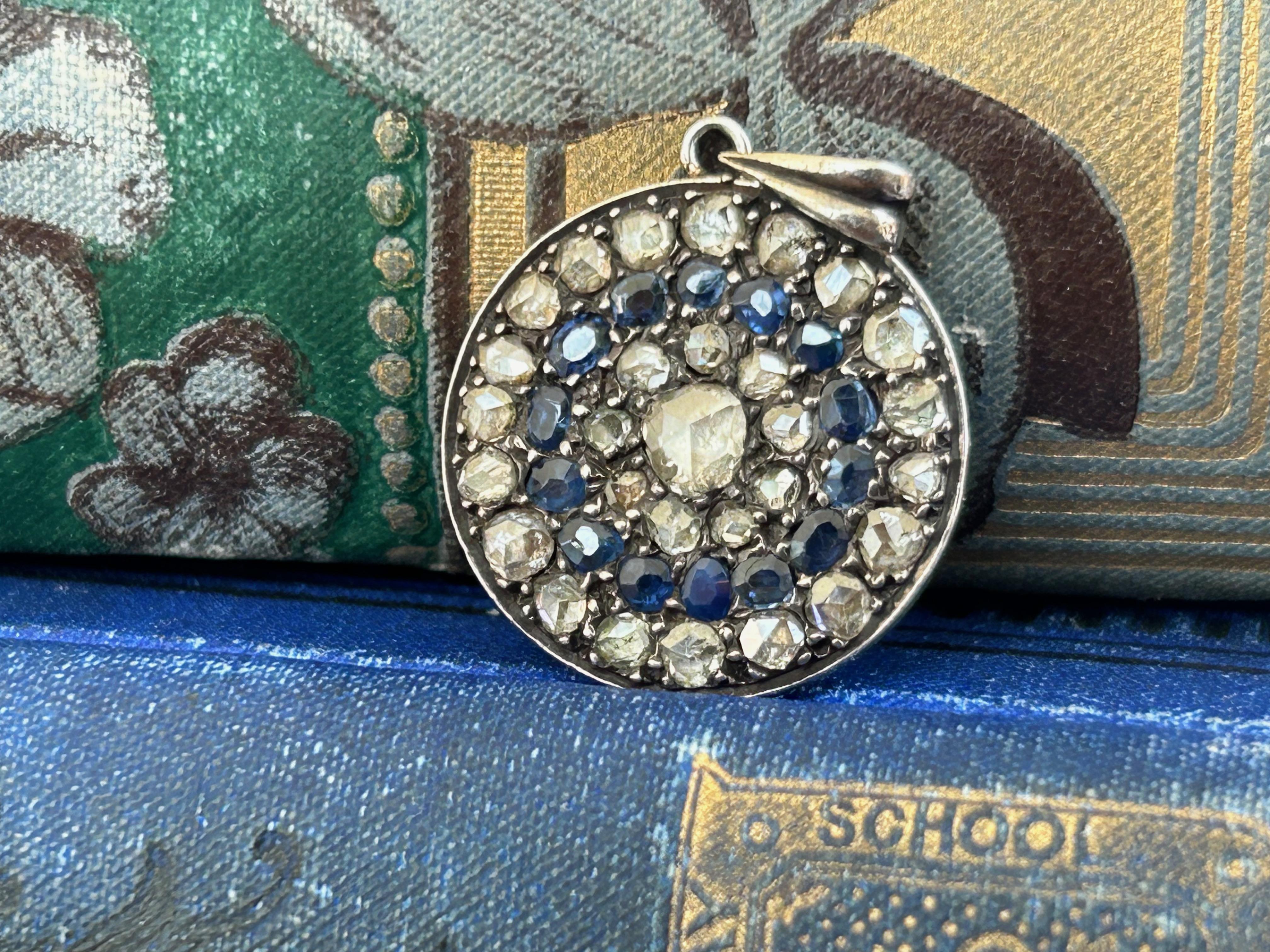 Women's Antique Round Victorian Rose Cut Diamonds, Old Mine Cut Sapphire Cluster Pendant