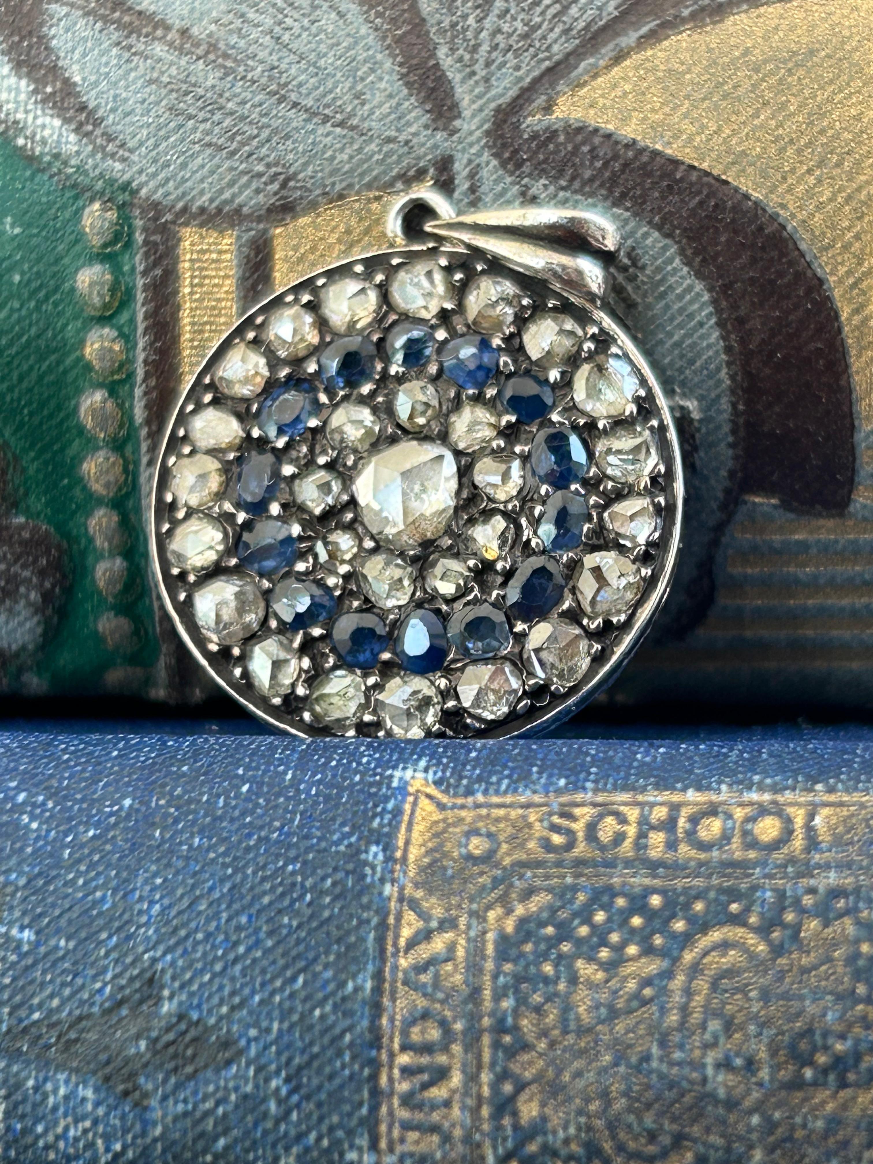 Antique Round Victorian Rose Cut Diamonds, Old Mine Cut Sapphire Cluster Pendant For Sale 1